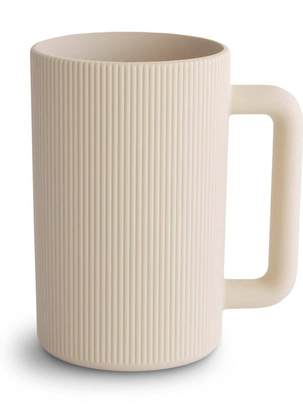 Light beige ribbed ceramic mug with a sturdy handle, designed for hot or cold beverages.