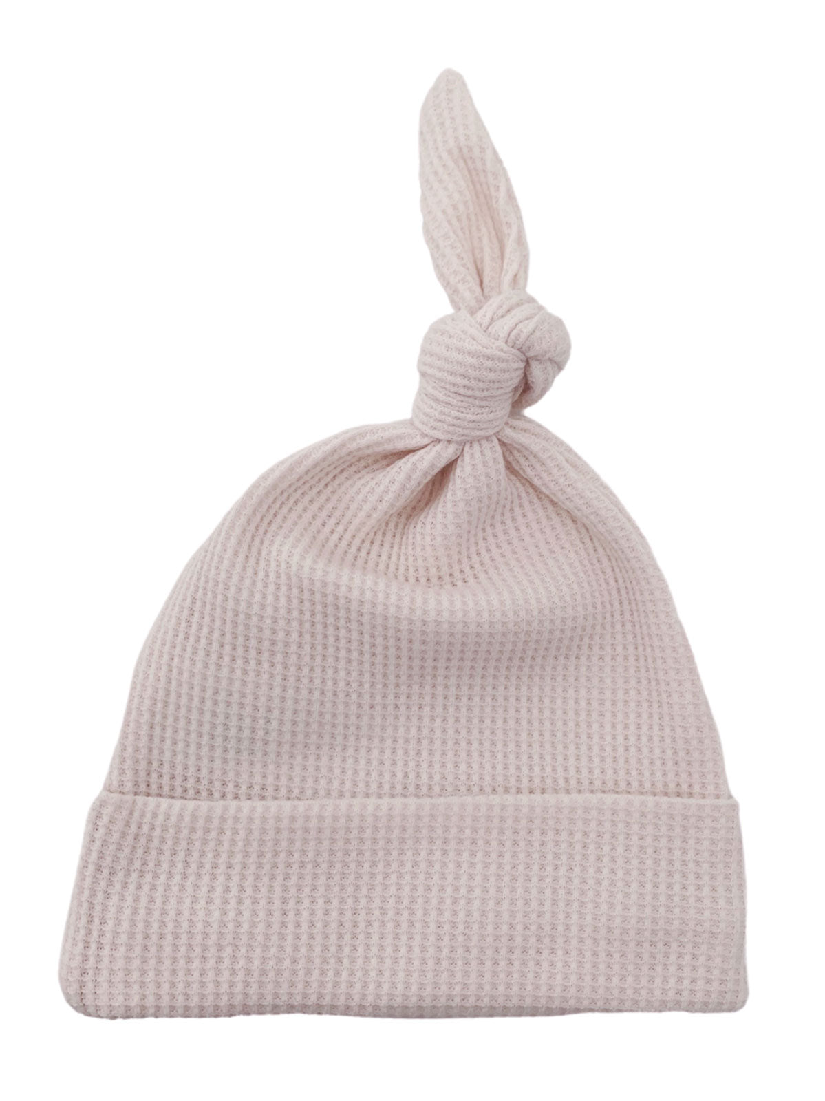 Light pink knit baby hat with a knot on top, featuring a soft, textured fabric.