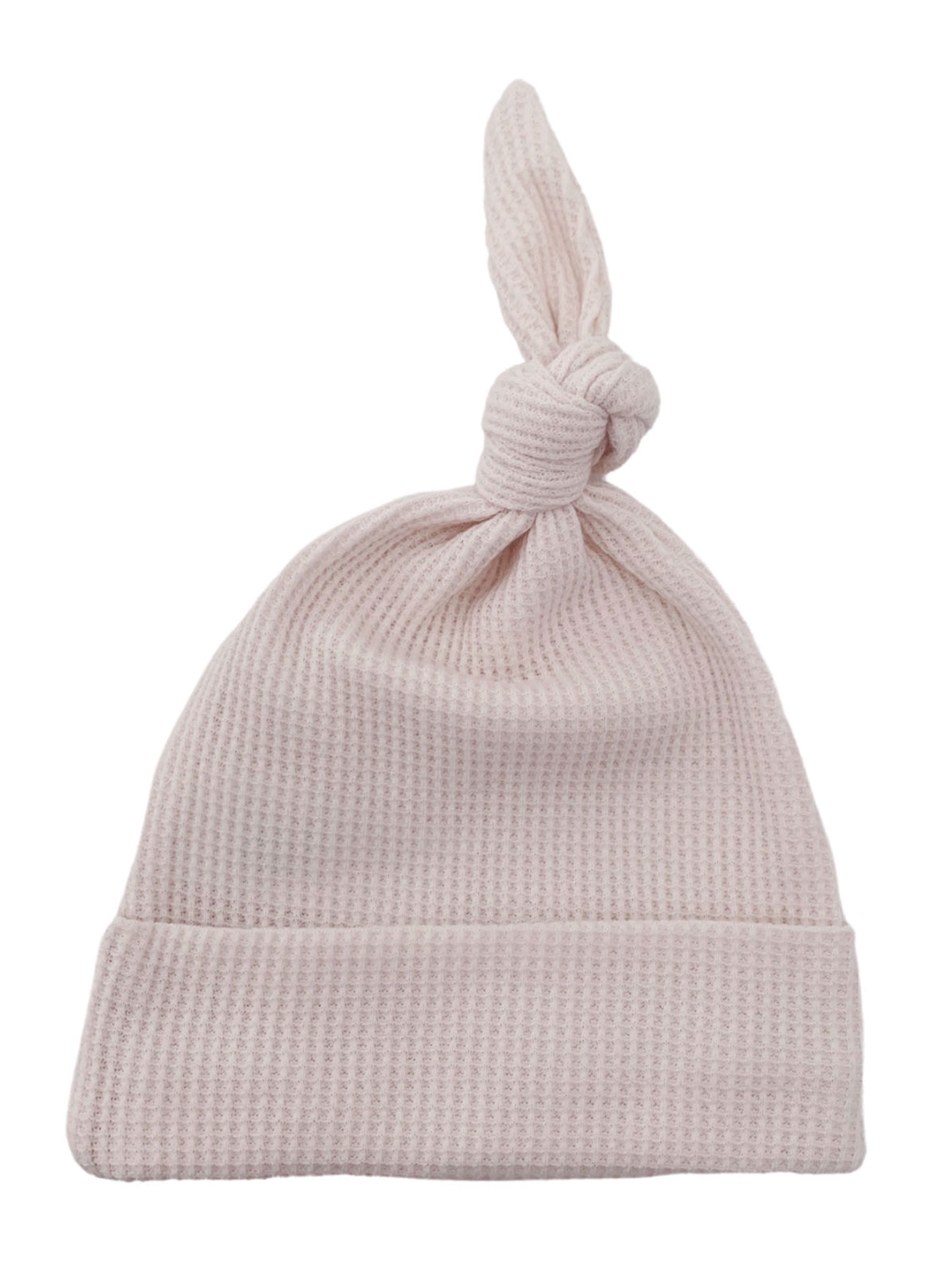 Light pink knit baby hat with a knot on top, featuring a soft, textured fabric.