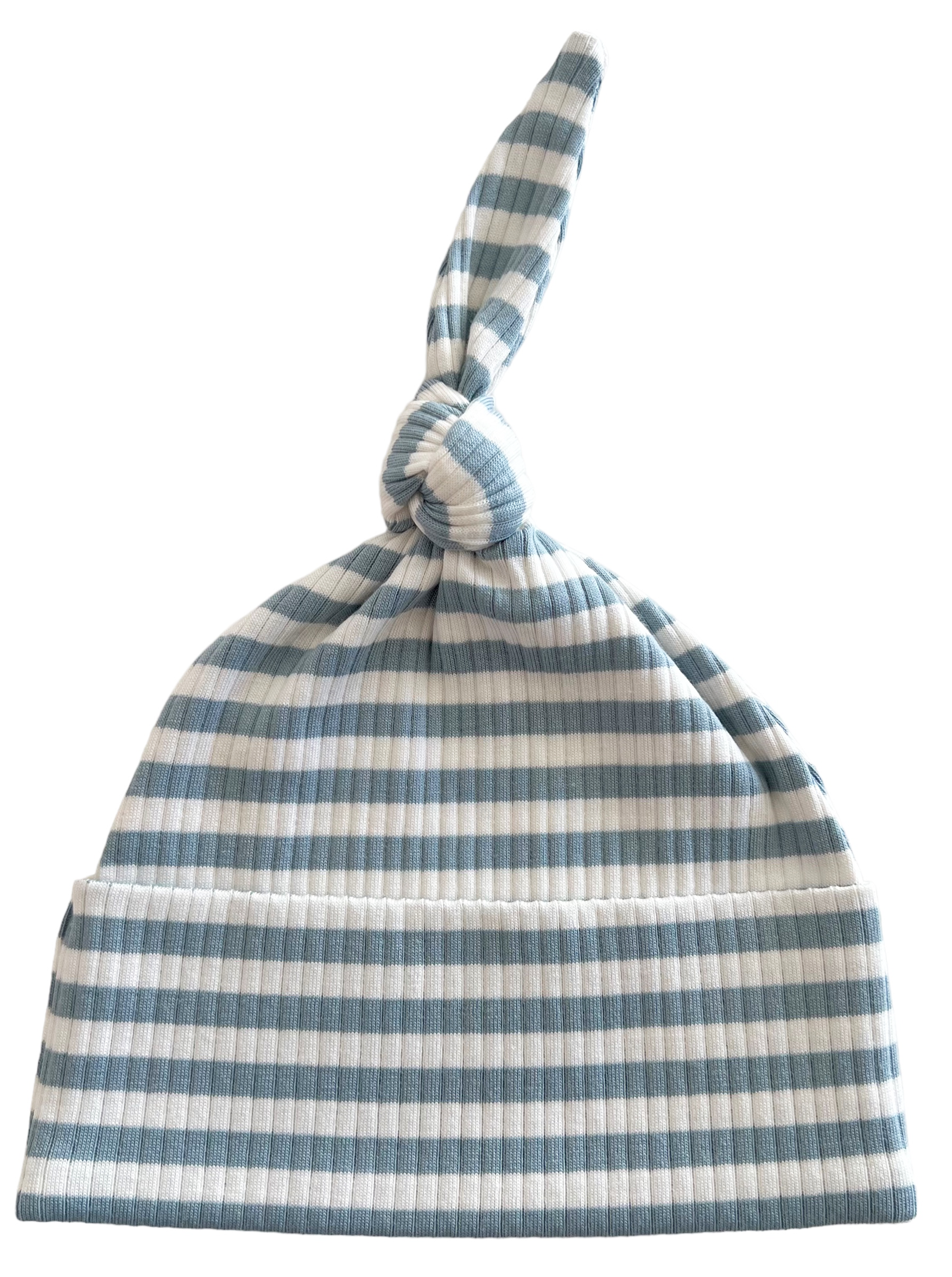 Striped baby hat with a knot on top in light blue and white colors. Perfect for infant wear.
