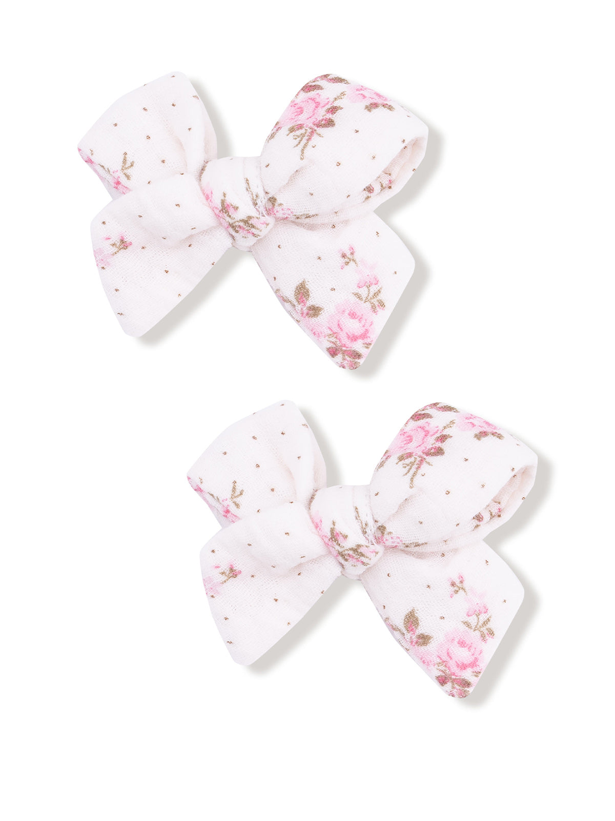 Two floral hair bows in white fabric with pink flowers and gold dots, arranged side by side on a white background.