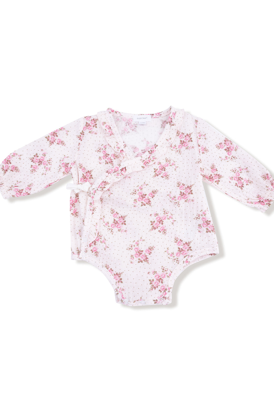 Pink floral baby onesie with long sleeves and a wrap design on a white background.