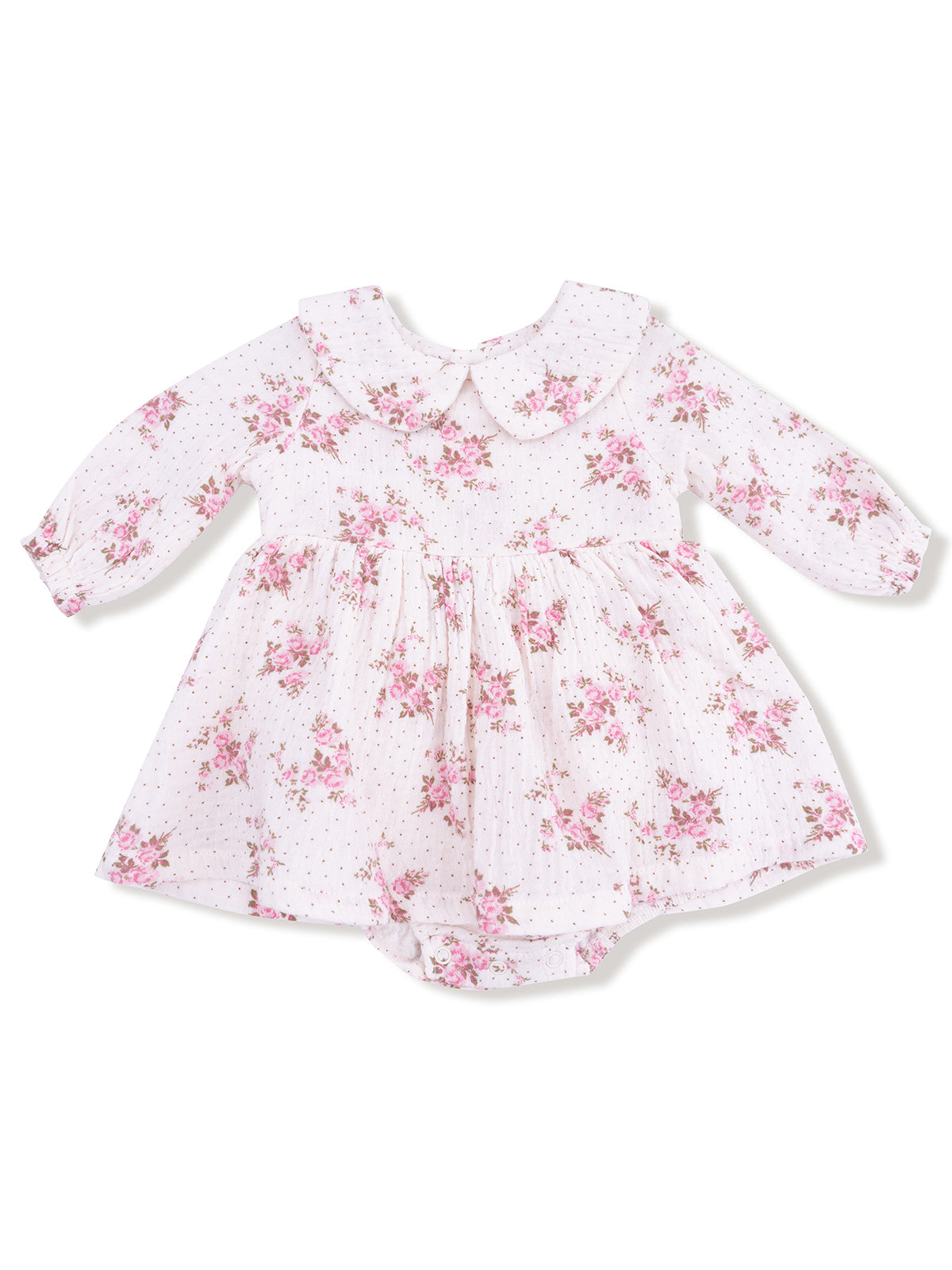 White dress with pink floral pattern and a collar, designed for infants, featuring long sleeves and a gathered skirt.