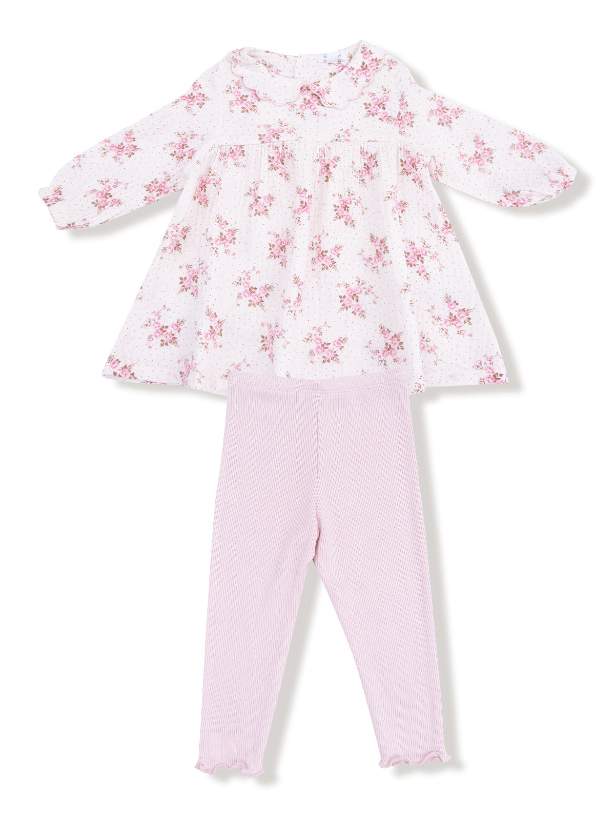 Floral long-sleeve top with pink leggings, featuring a gathered design and scalloped edges. Ideal for toddler girls.
