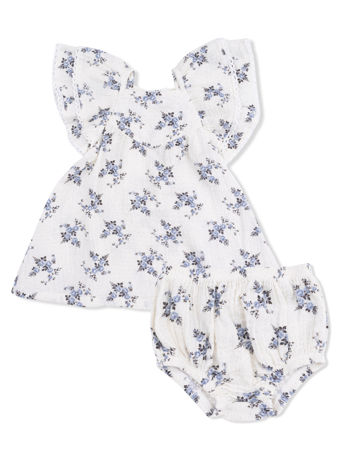 Floral baby outfit with a ruffled top and bloomer shorts in white and blue shades.