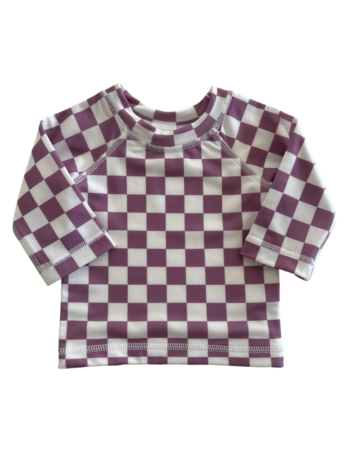 Purple and white checkered long-sleeve rash guard for children, designed for sun protection.