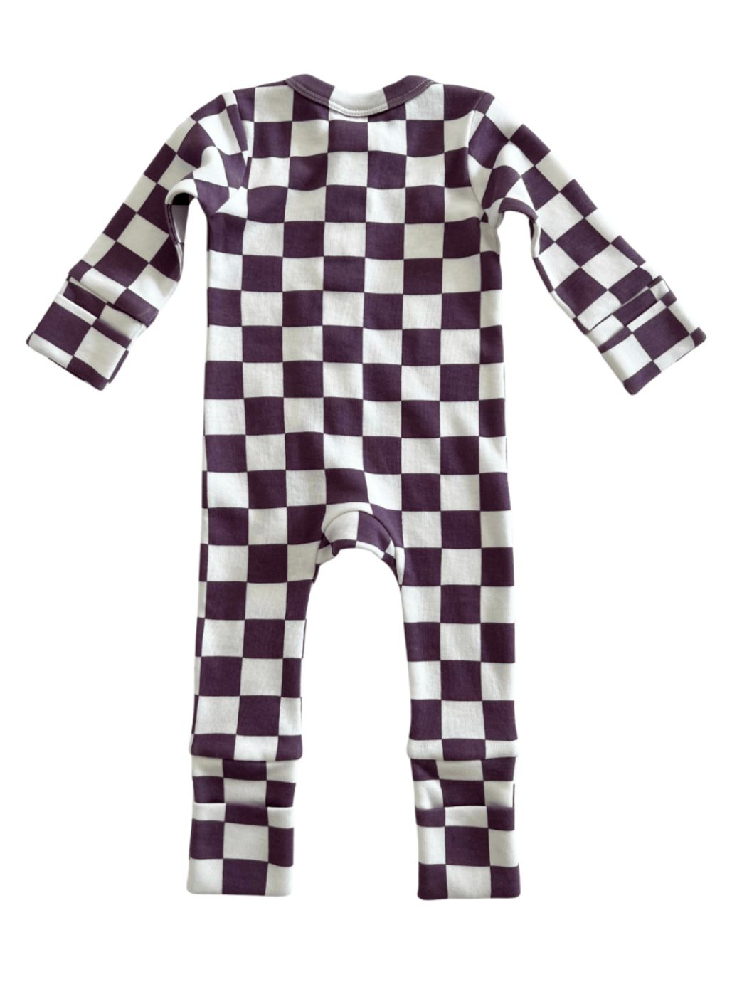 Purple and white checkered baby onesie, featuring long sleeves and a back view.