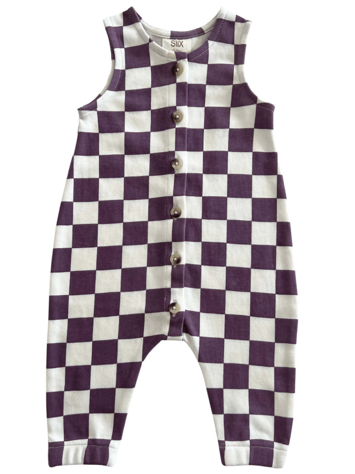 Purple and white checkered romper with buttons, designed for children, displayed on a white background.