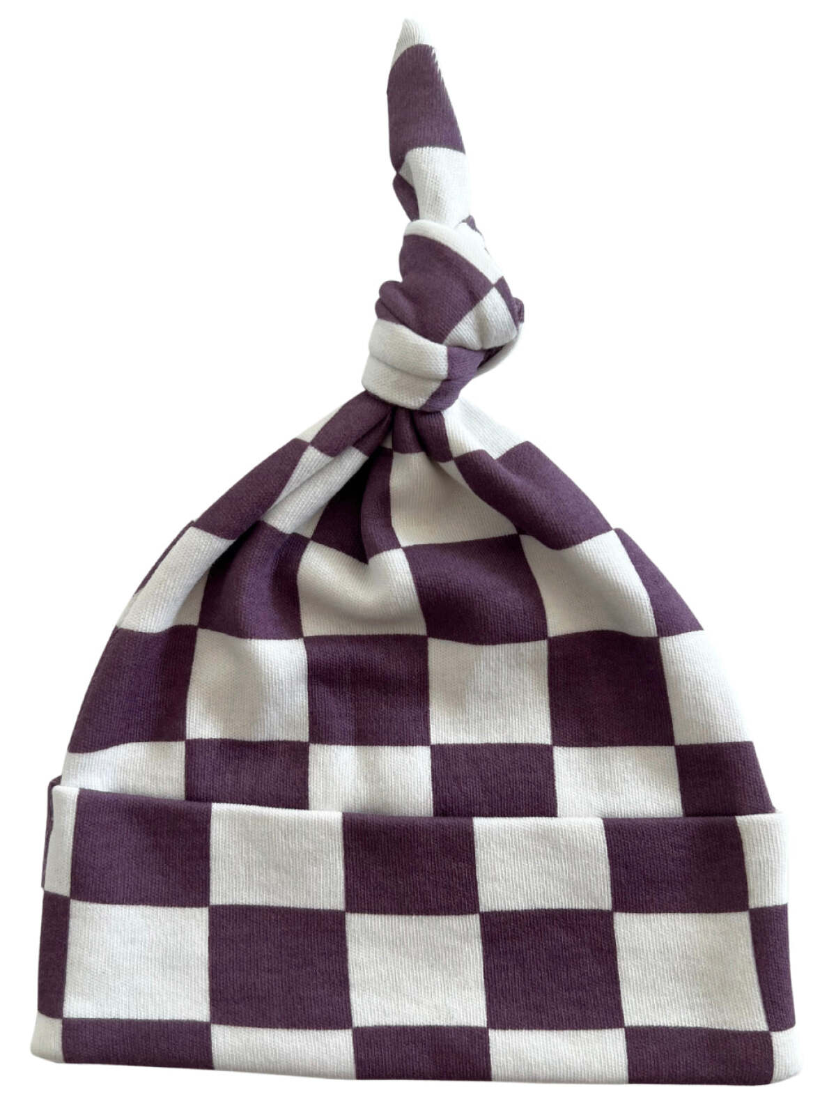 Purple and white checkered knit hat with a tied top.