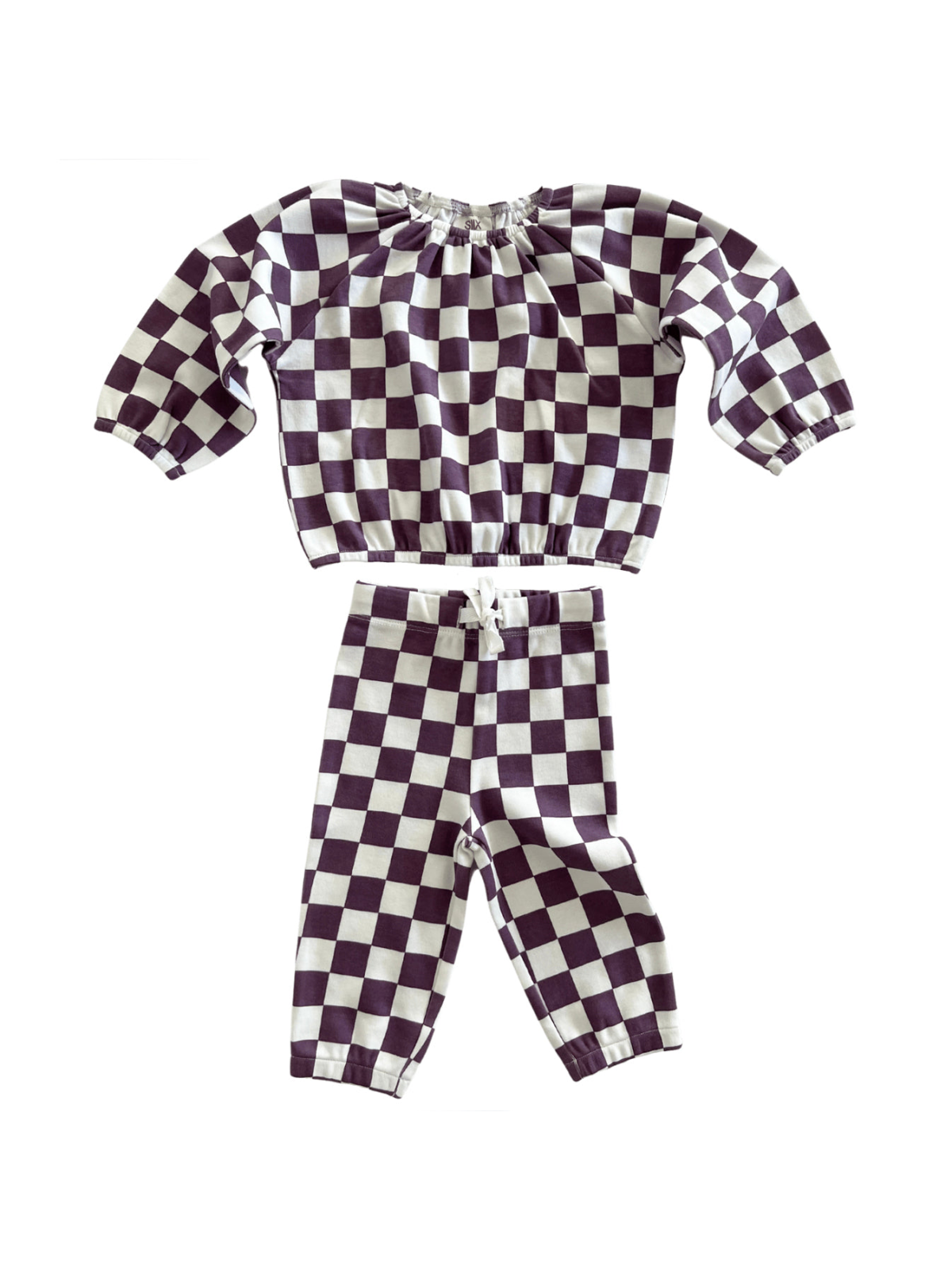 Purple and white checkered children's outfit, featuring a long-sleeve top and matching pants.