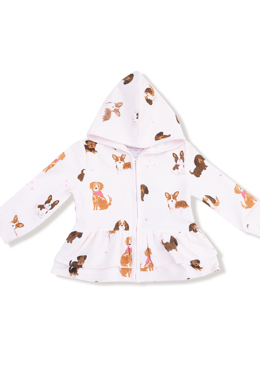 Pink zip-up hoodie with dog prints and a frilly hem. Perfect for kids' casual wear.
