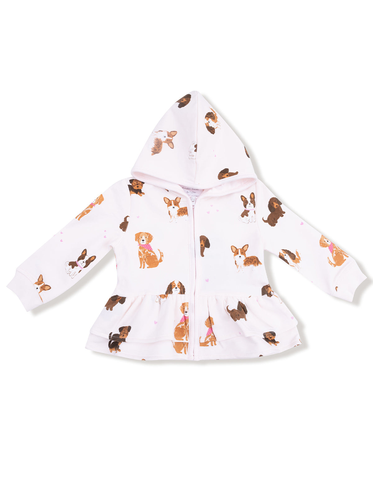 Pink zip-up hoodie with dog prints and a frilly hem. Perfect for kids' casual wear.