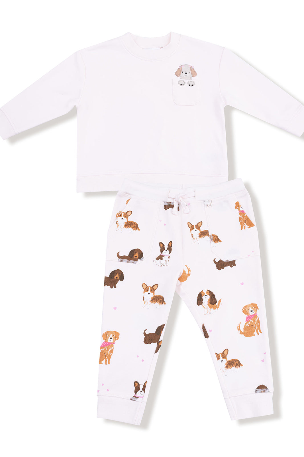 Two-piece children's outfit featuring a white long-sleeve top and dog-patterned pants with a pocket design.