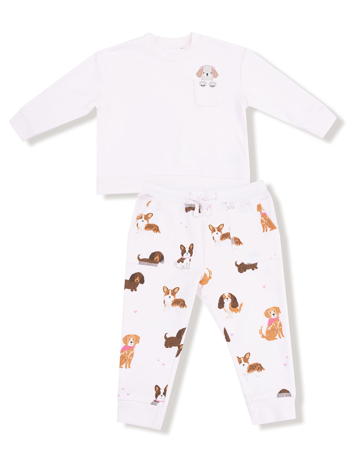 Two-piece children's outfit featuring a white long-sleeve top and dog-patterned pants with a pocket design.