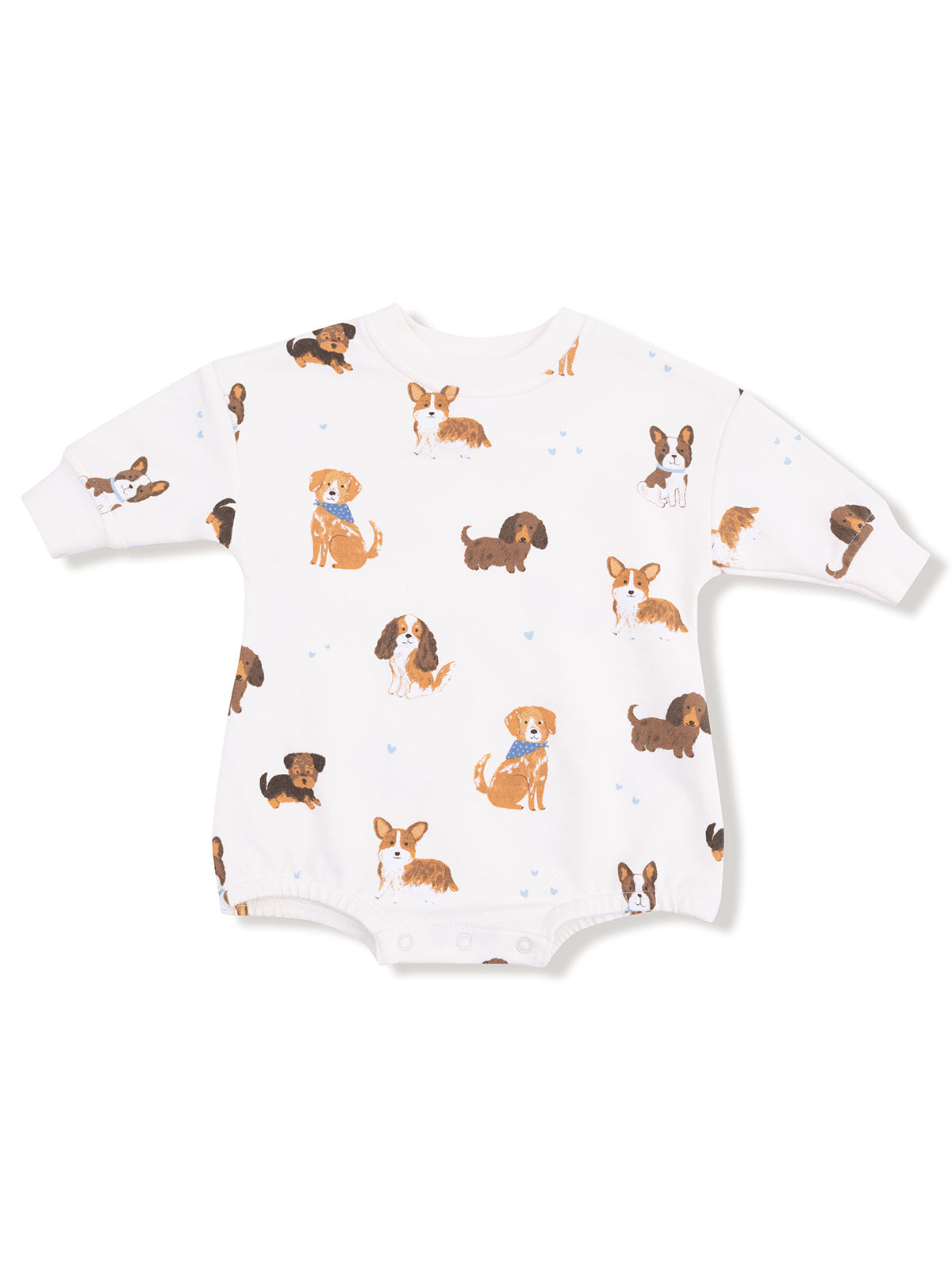 White baby romper with playful dog illustrations in various colors. Perfect for dog lovers.