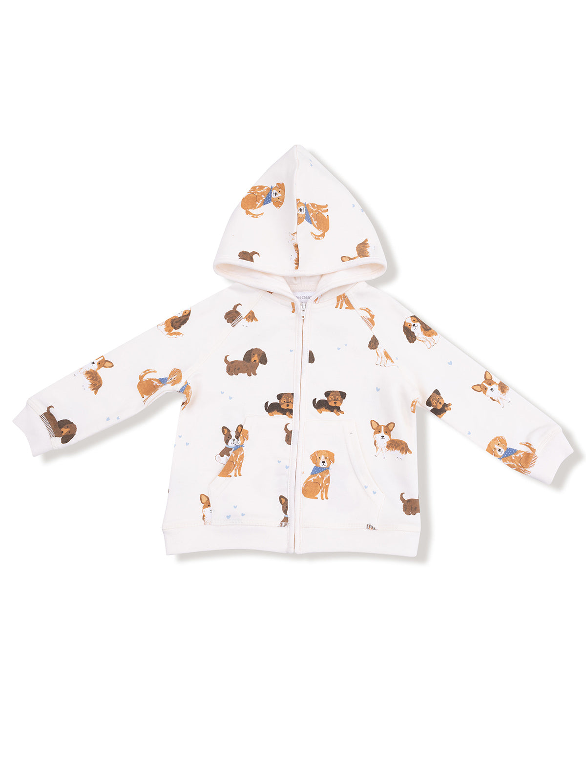 Hooded toddler jacket featuring a playful pattern of various dog breeds on a light background.