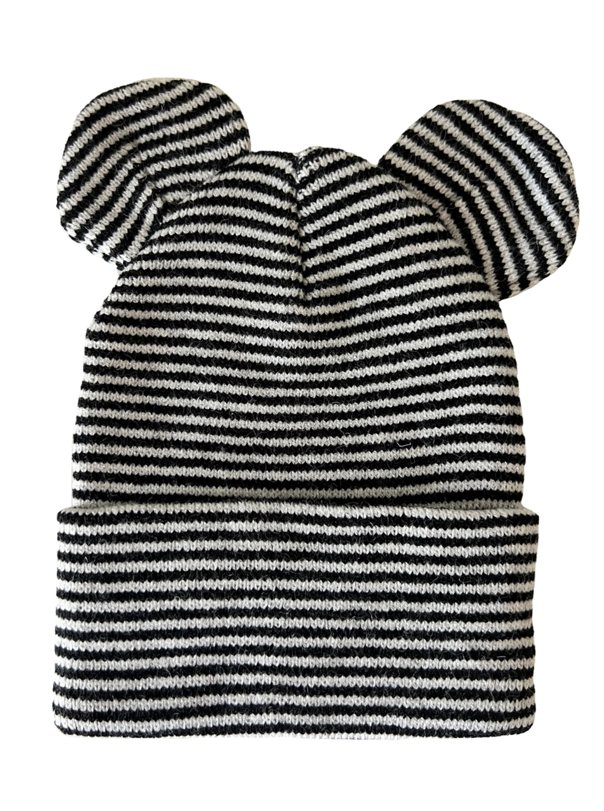Black and white striped knit beanie with cute ear details on top. Perfect for winter wear.