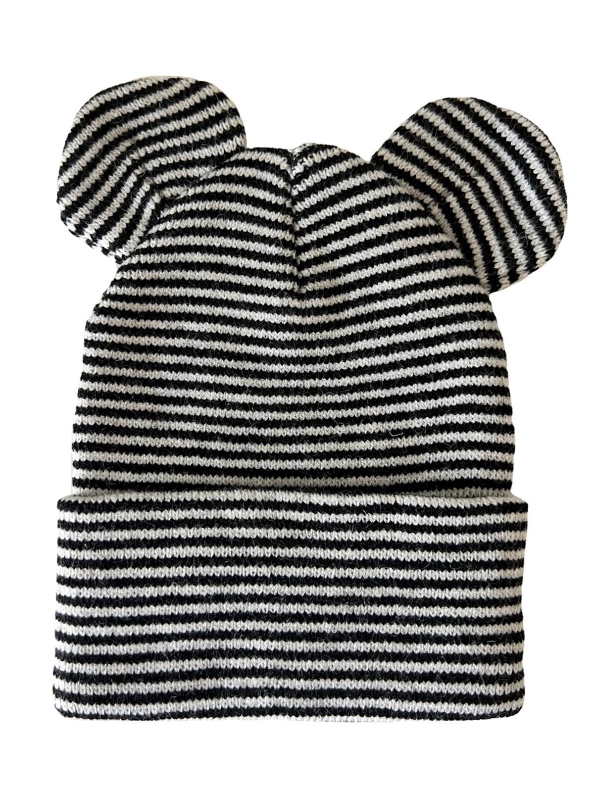 Black and white striped knit beanie with cute ear details on top. Perfect for winter wear.