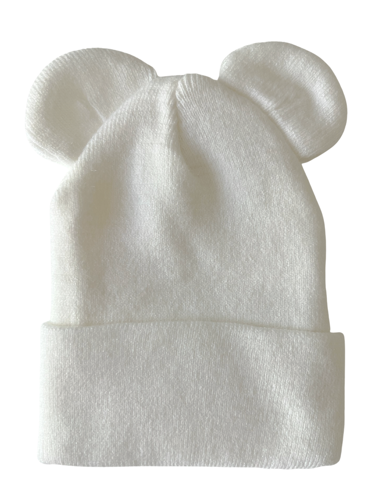White beanie hat with bear ears, soft fabric, and a rolled cuff design, ideal for children or playful adults.