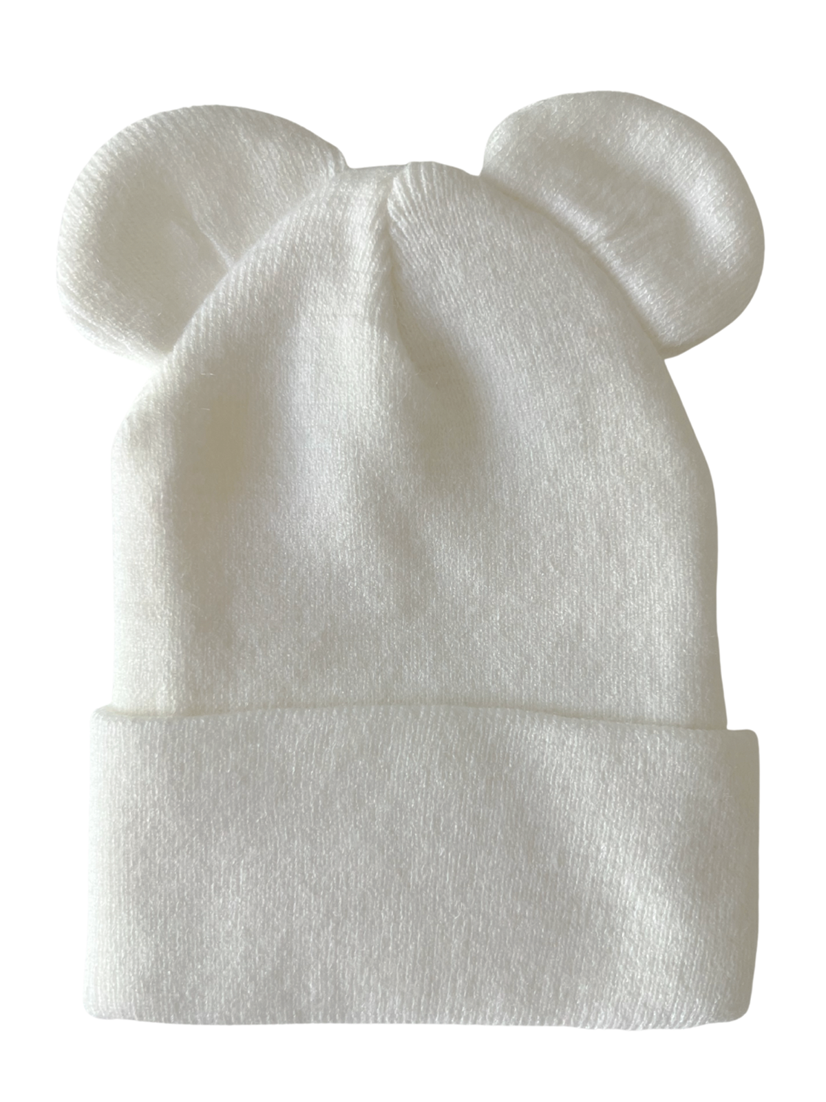 White beanie hat with bear ears, soft fabric, and a rolled cuff design, ideal for children or playful adults.