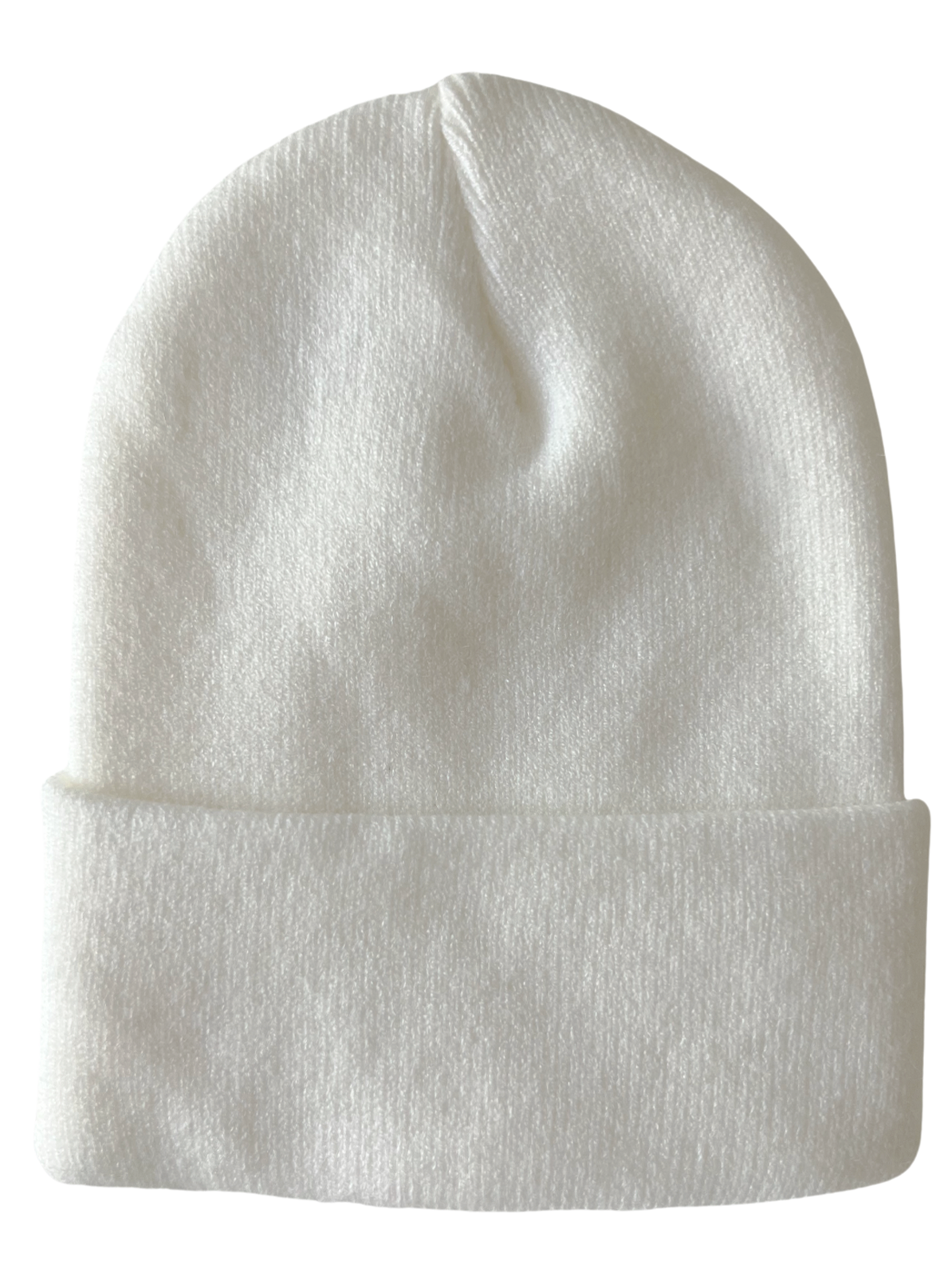 White knit beanie hat with a folded brim, ideal for cold weather and casual style.