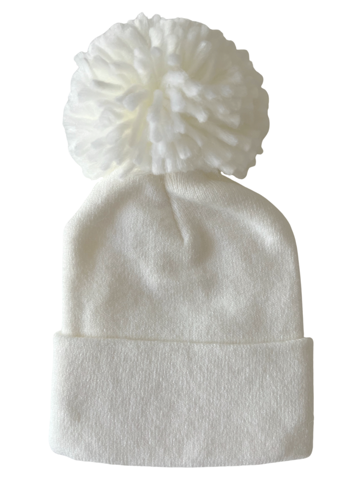White knit beanie hat with a fluffy pom-pom on top. Soft texture and rolled cuff design.
