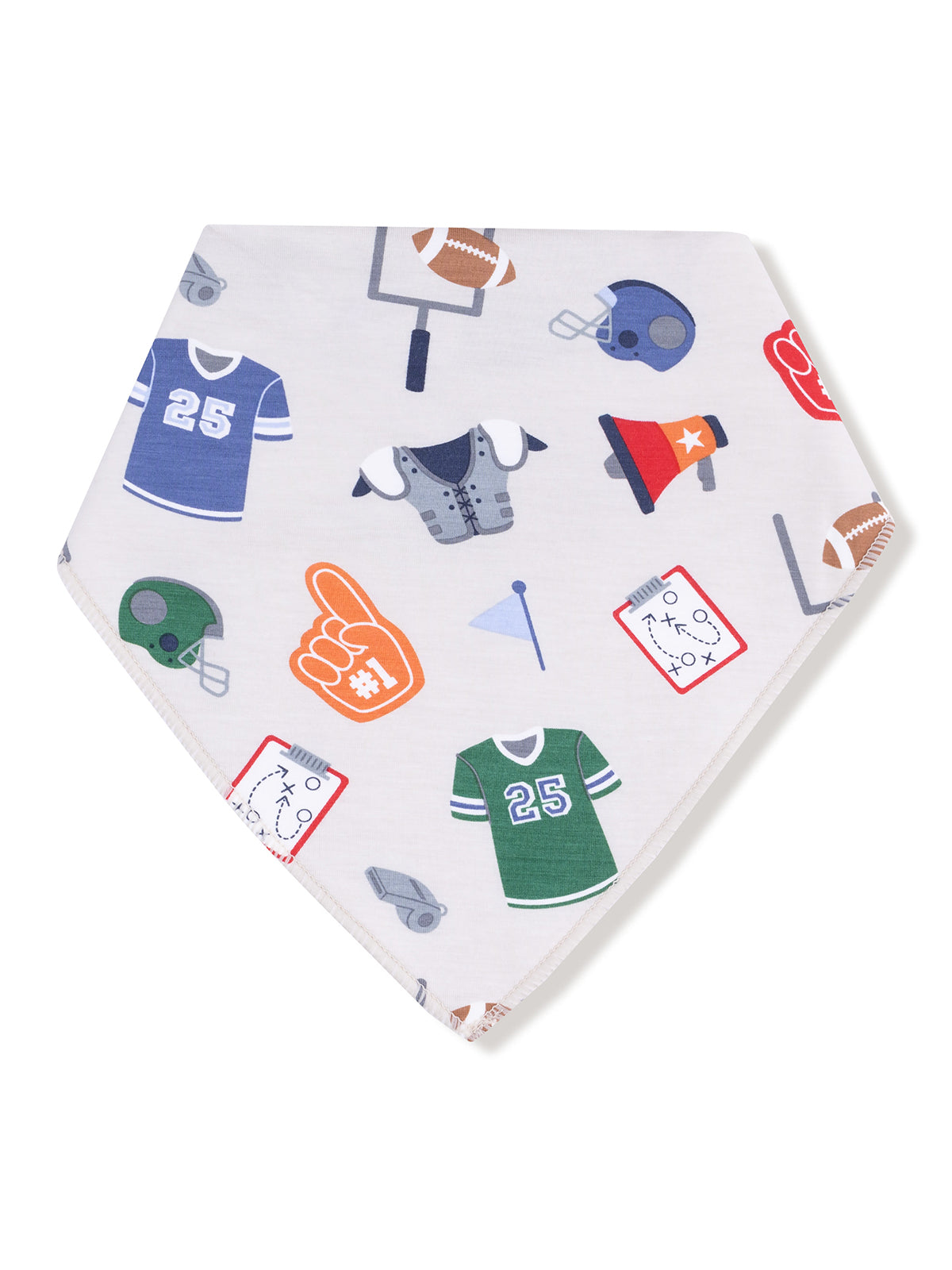 Patterned bandana featuring sports jerseys, helmets, foam fingers, and accessories in various colors.