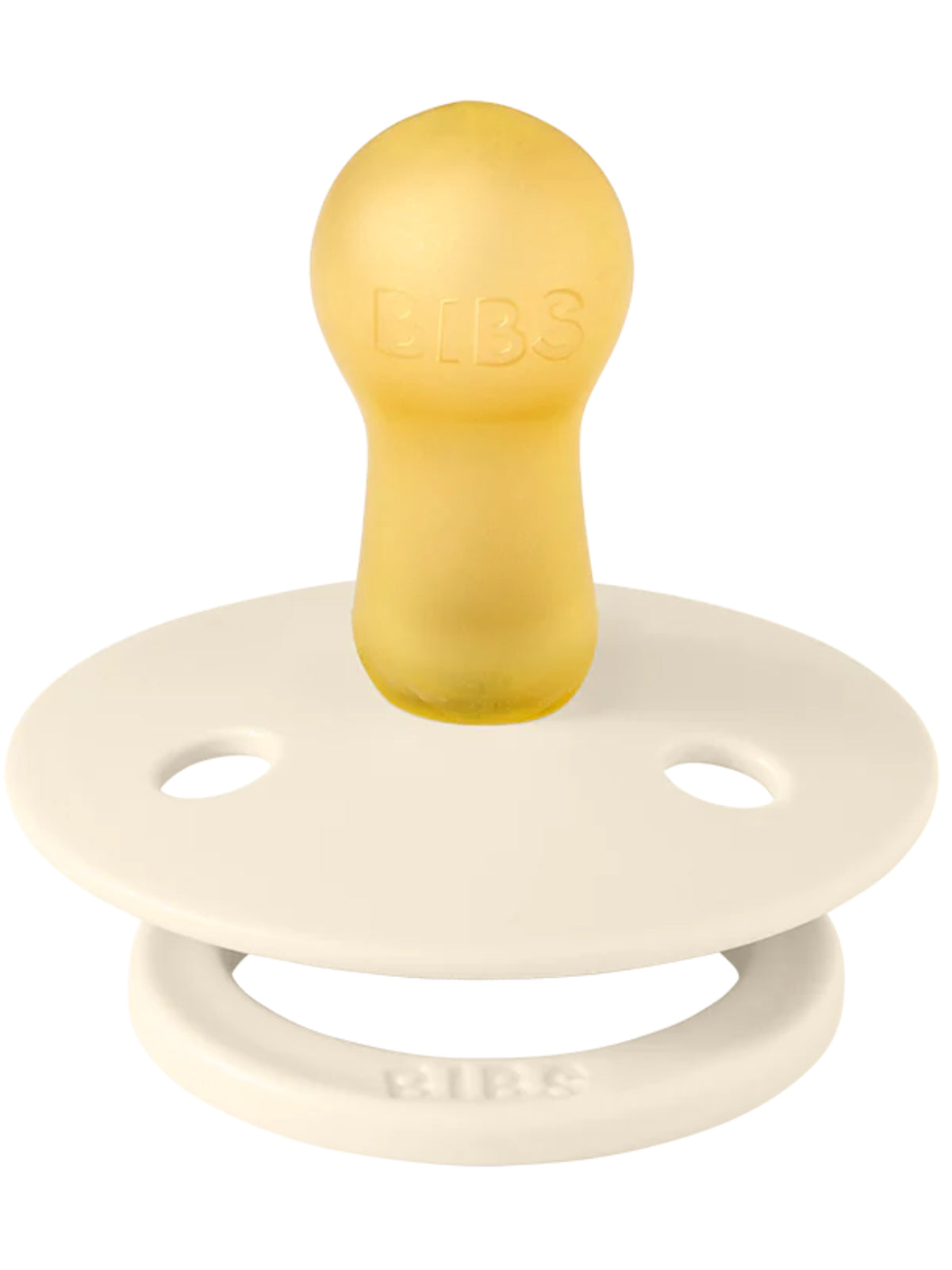 BIBS pacifier with a yellow bulb and white shield, designed for infants.