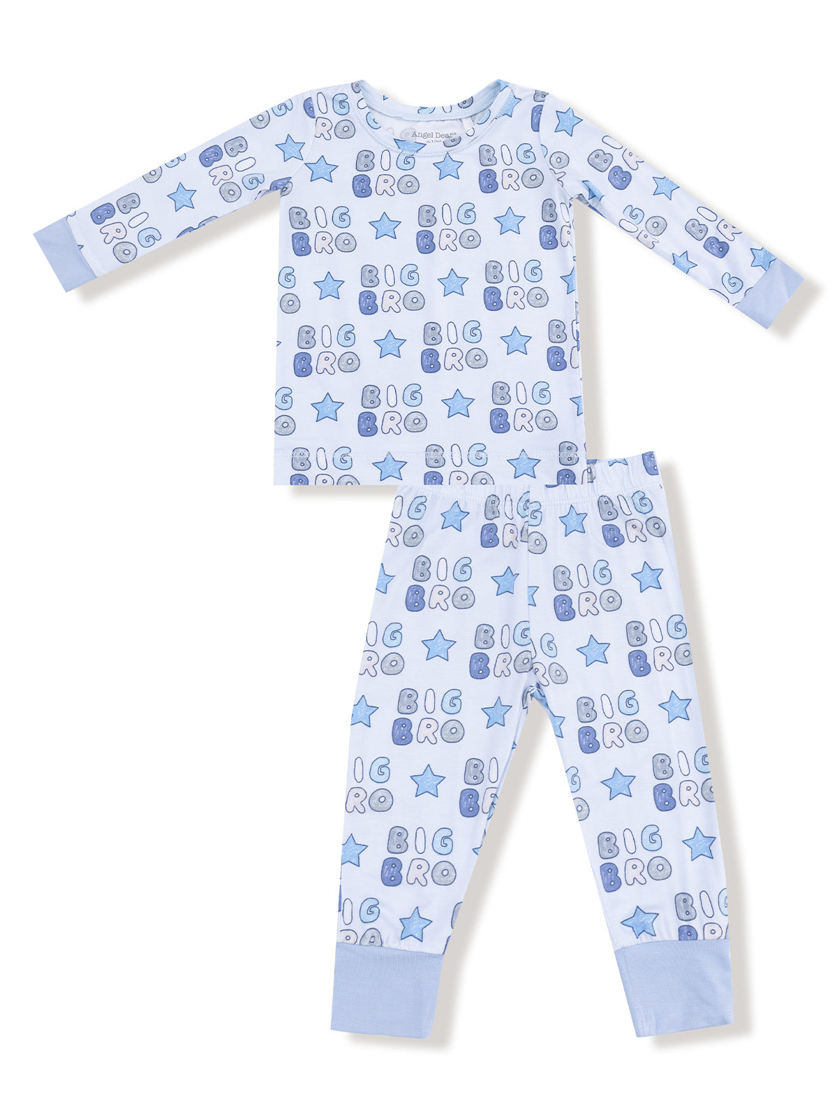 Light blue children's pajama set featuring "Big Bro" text and star patterns on top and pants.