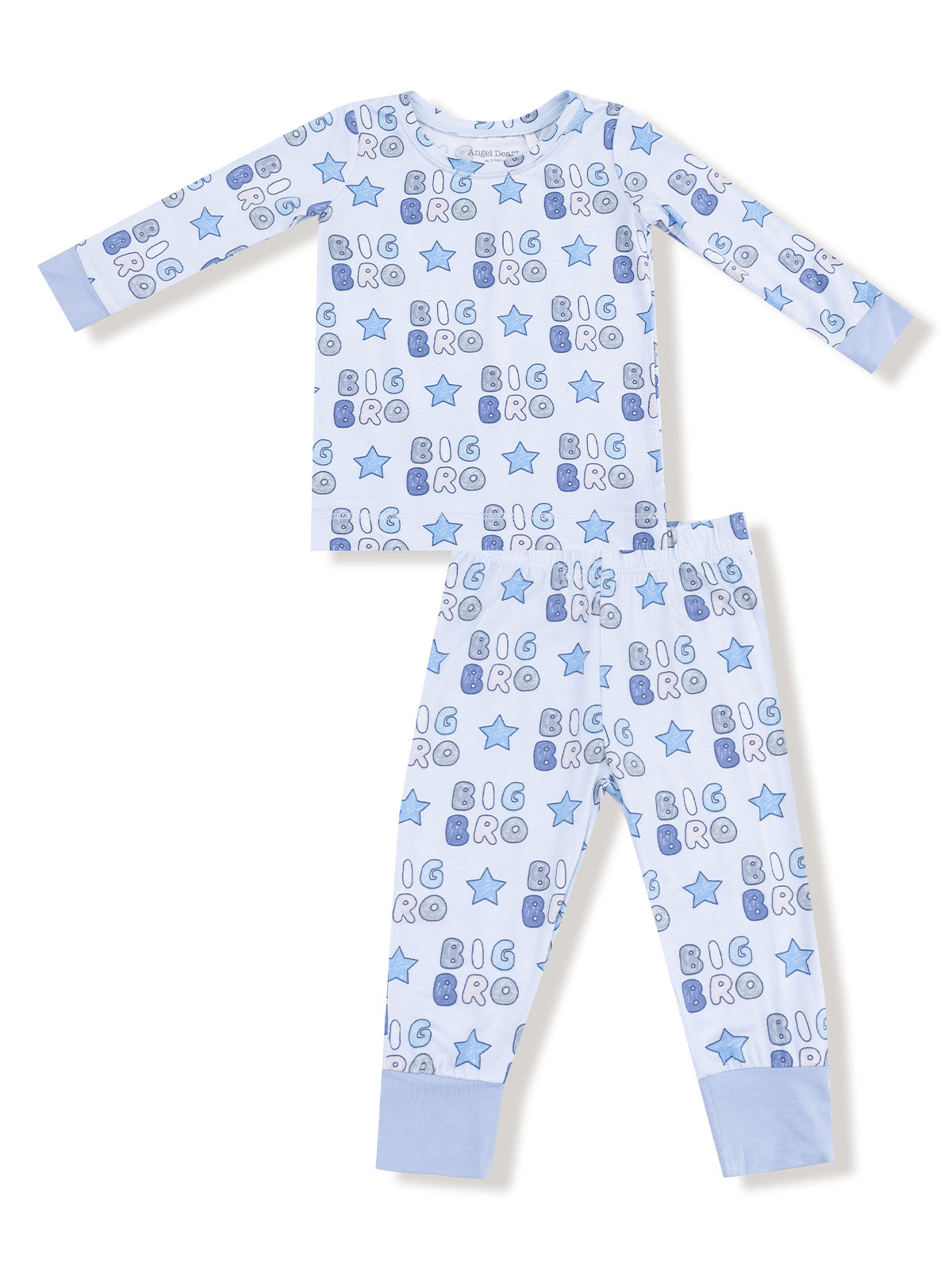 Light blue children's pajama set featuring "Big Bro" text and star patterns on top and pants.