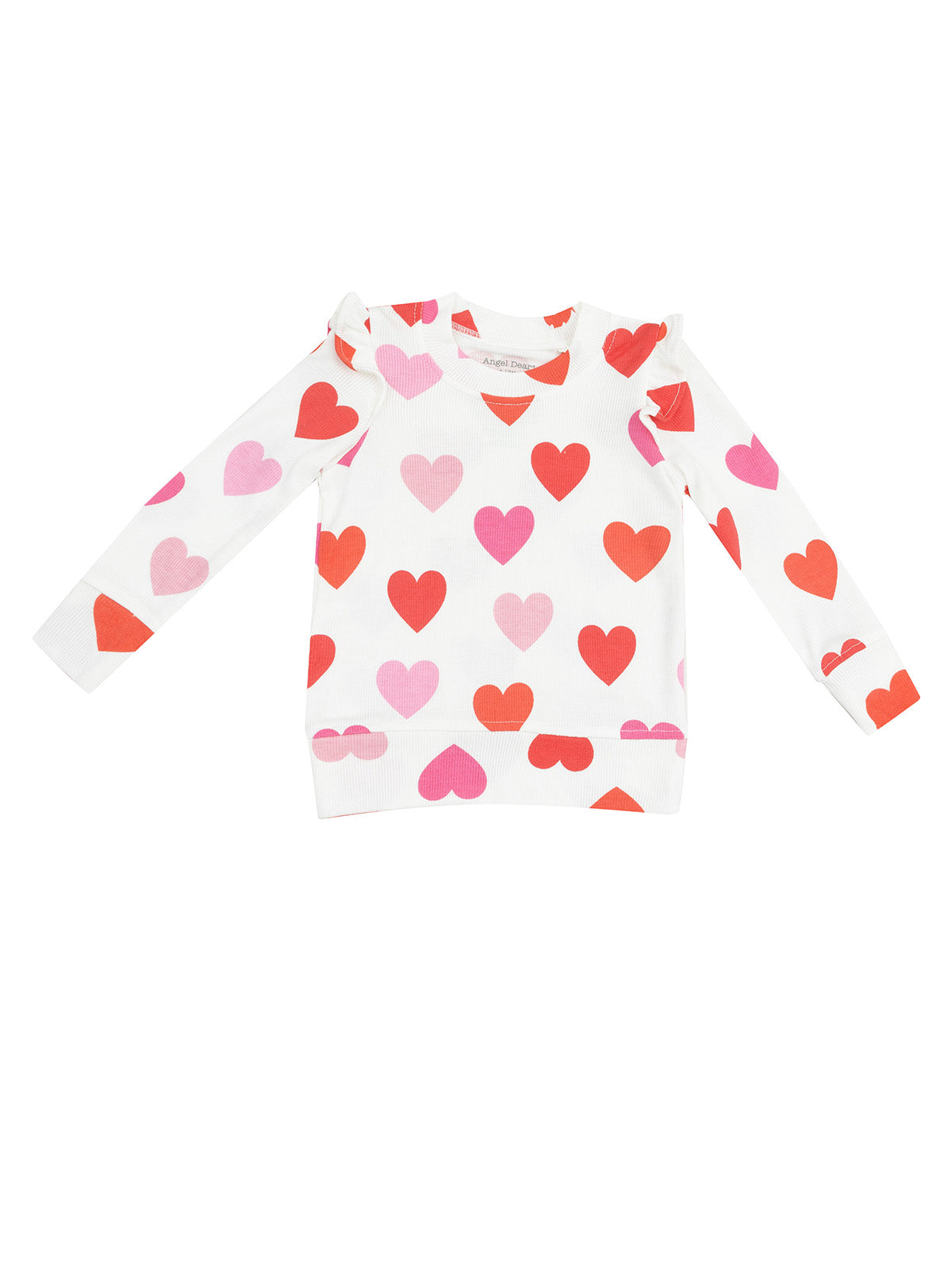 White long-sleeve top with colorful heart patterns in red and pink. Perfect for a playful, casual look.