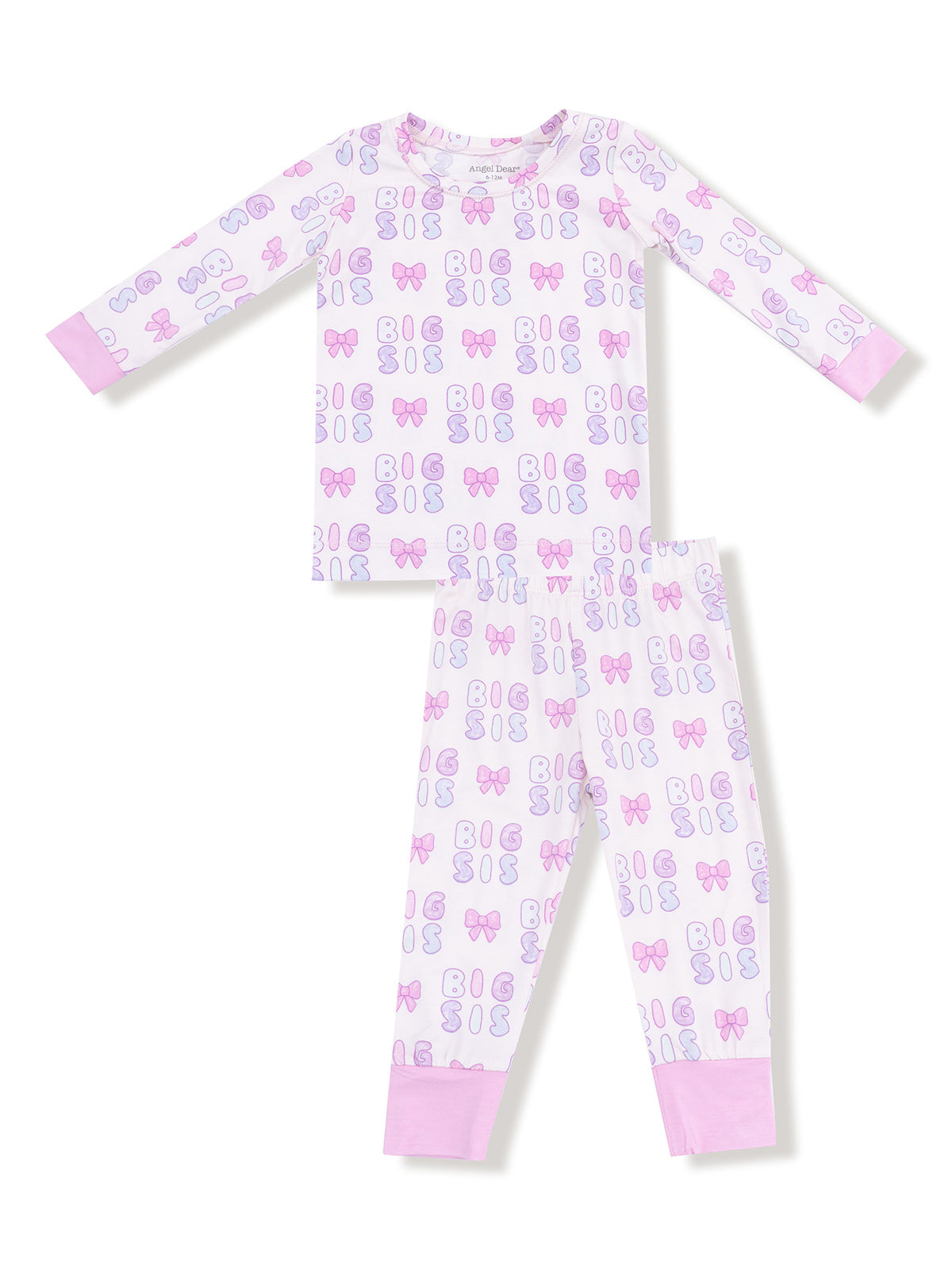 Purple and white children's pajama set featuring "BIG SIS" text and bows in a playful pattern.