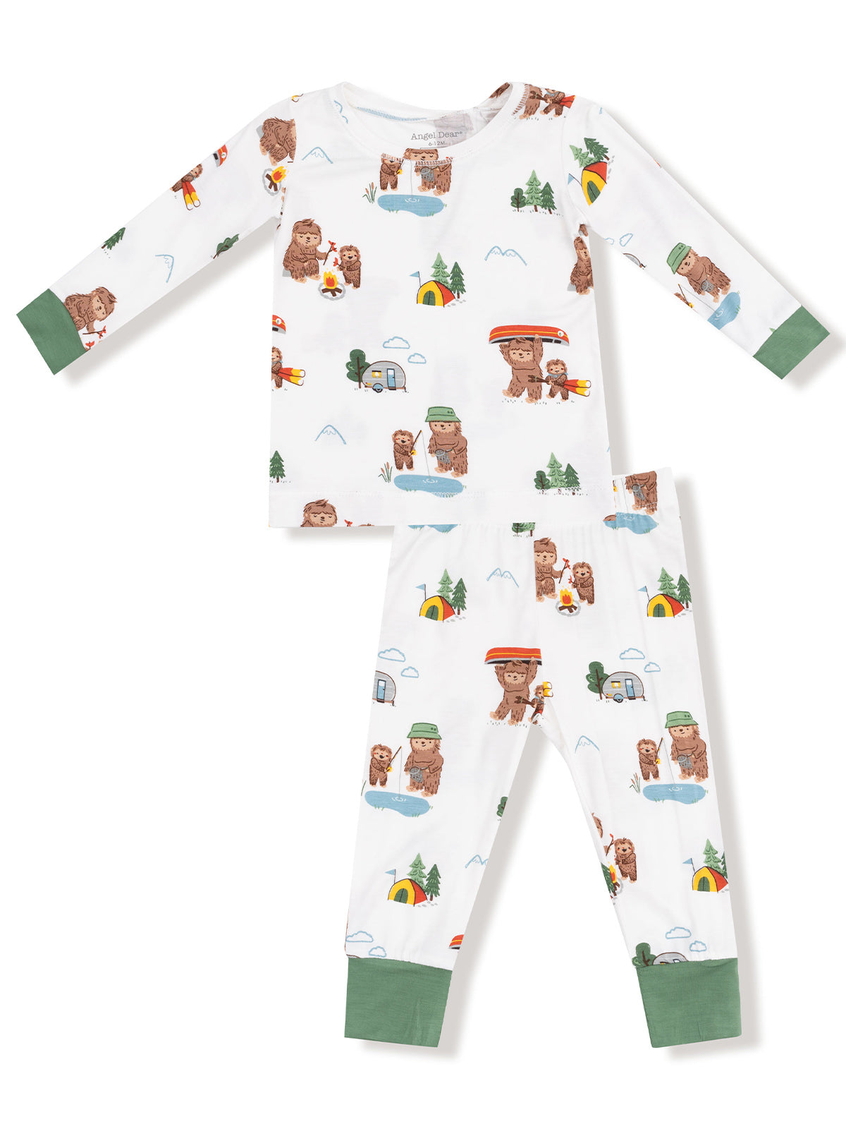 Children's pajama set featuring playful bear and camping prints on a white background with green accents.