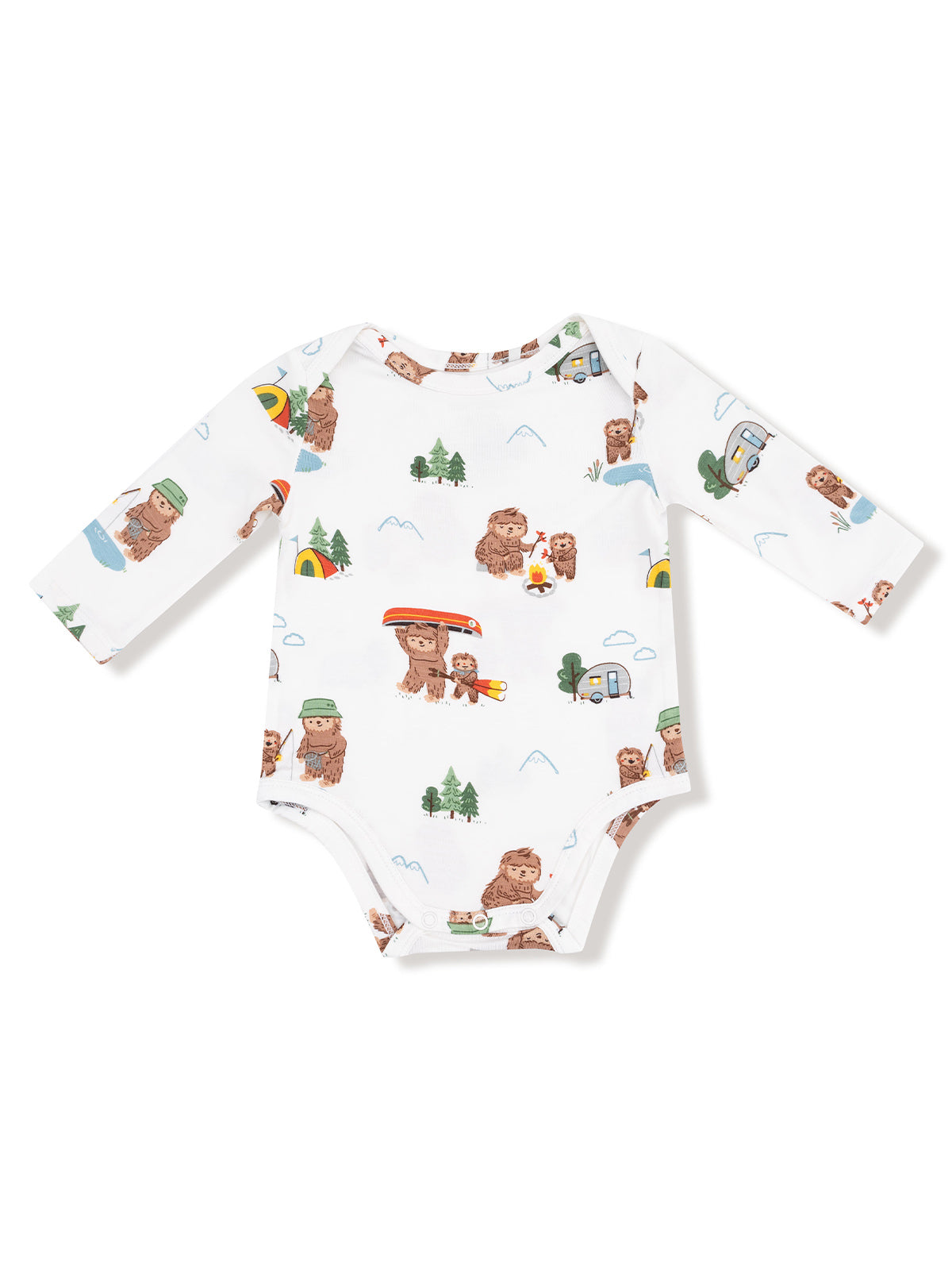 Long-sleeve baby bodysuit featuring playful bear and camping illustrations on a white background.