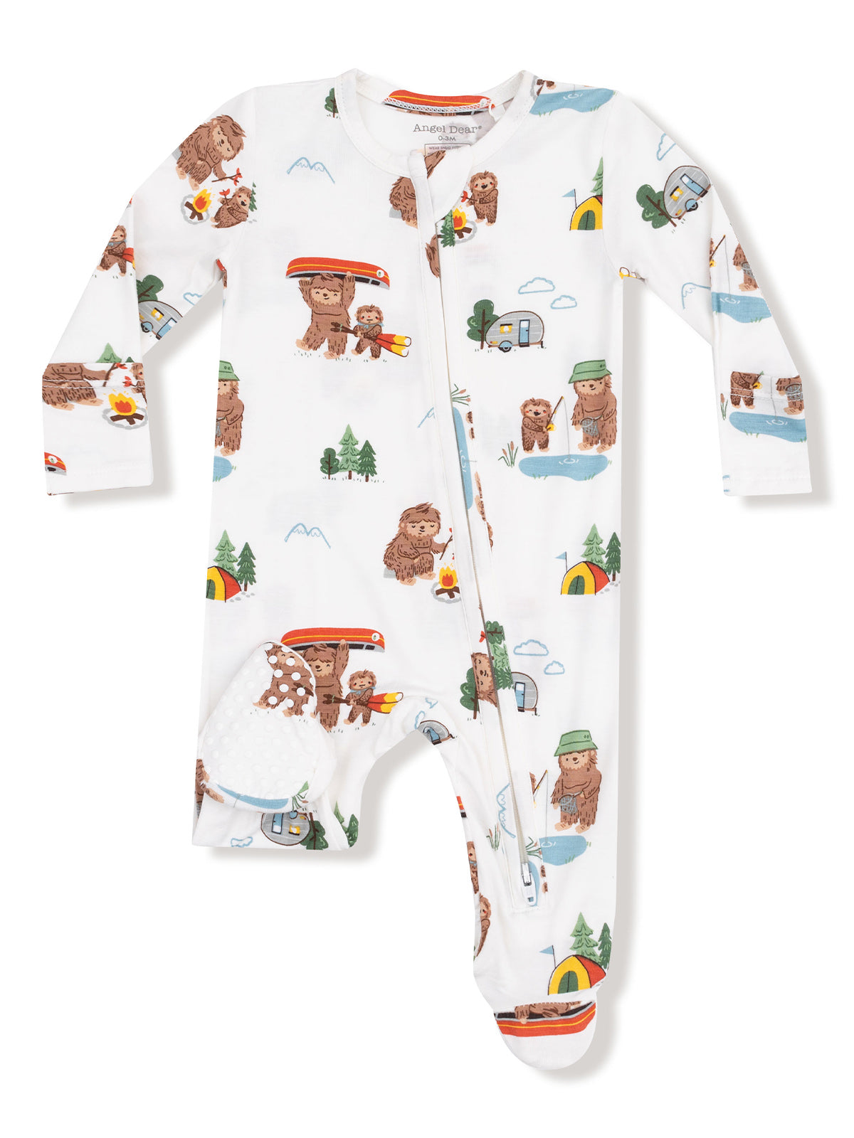 Baby onesie featuring playful camping bears, trees, and tents in a colorful, cozy design. Perfect for outdoor adventures.