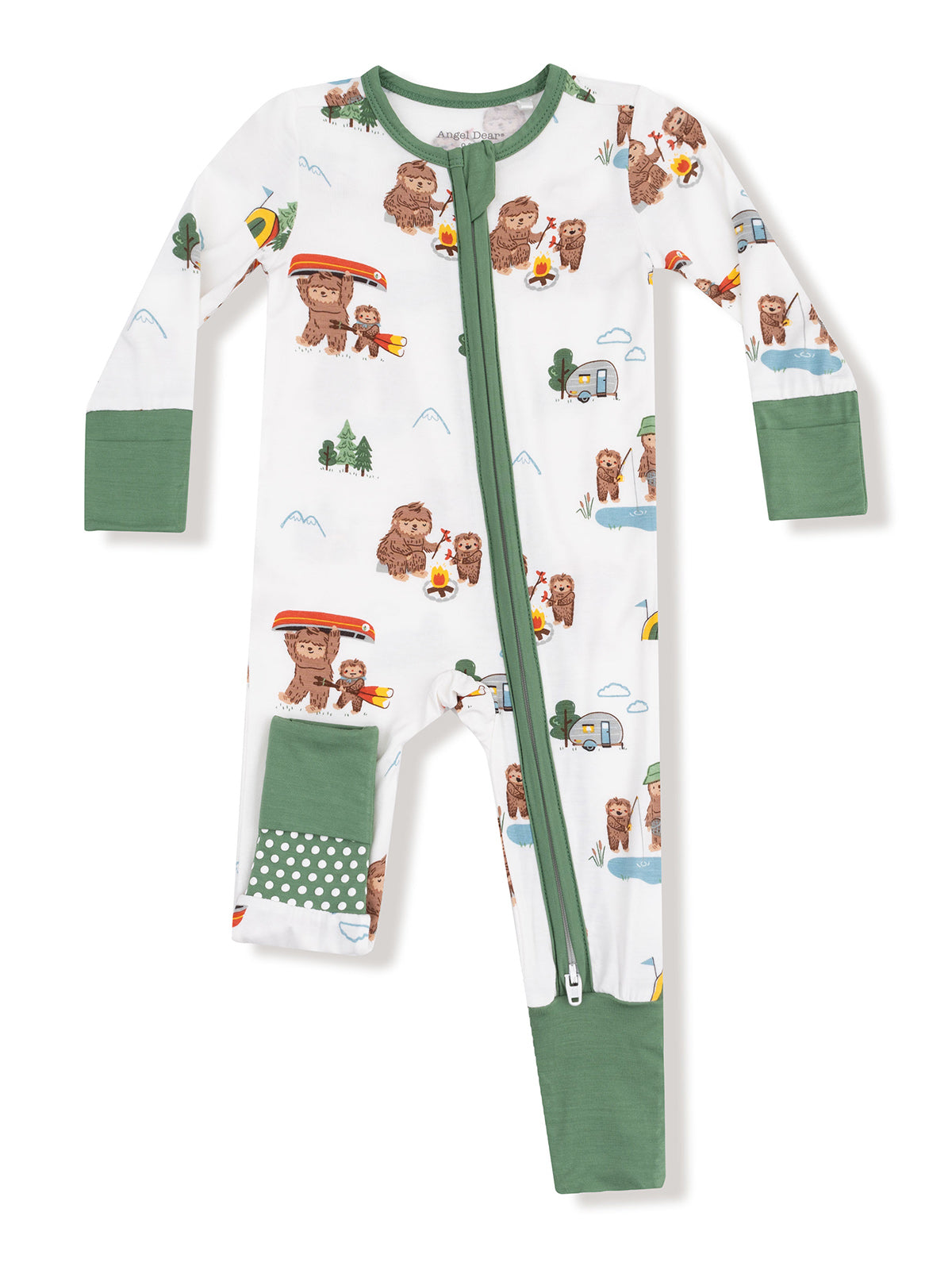 Children's onesie featuring bear and camping-themed prints, with a green zip and cuff accents.