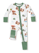 Children's onesie featuring bear and camping-themed prints, with a green zip and cuff accents.