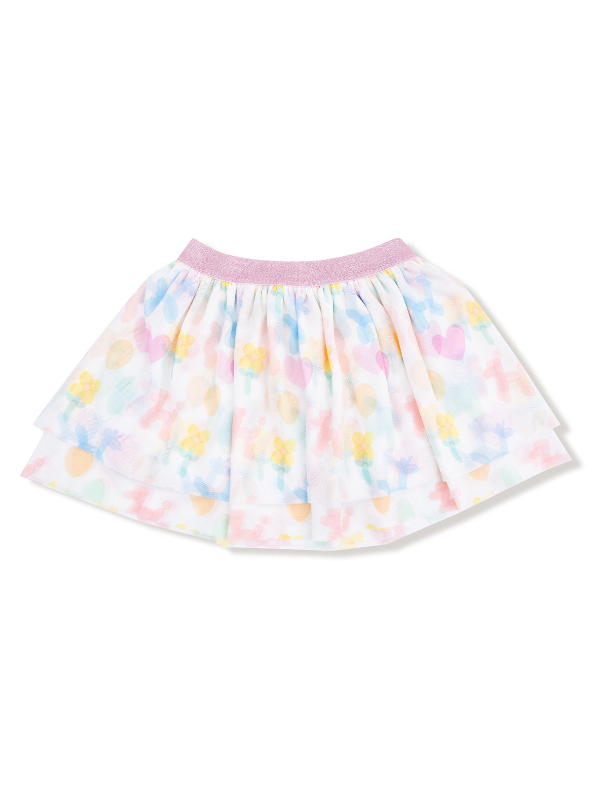 Lightweight tiered skirt with pastel floral and heart patterns, featuring a pink elastic waistband.