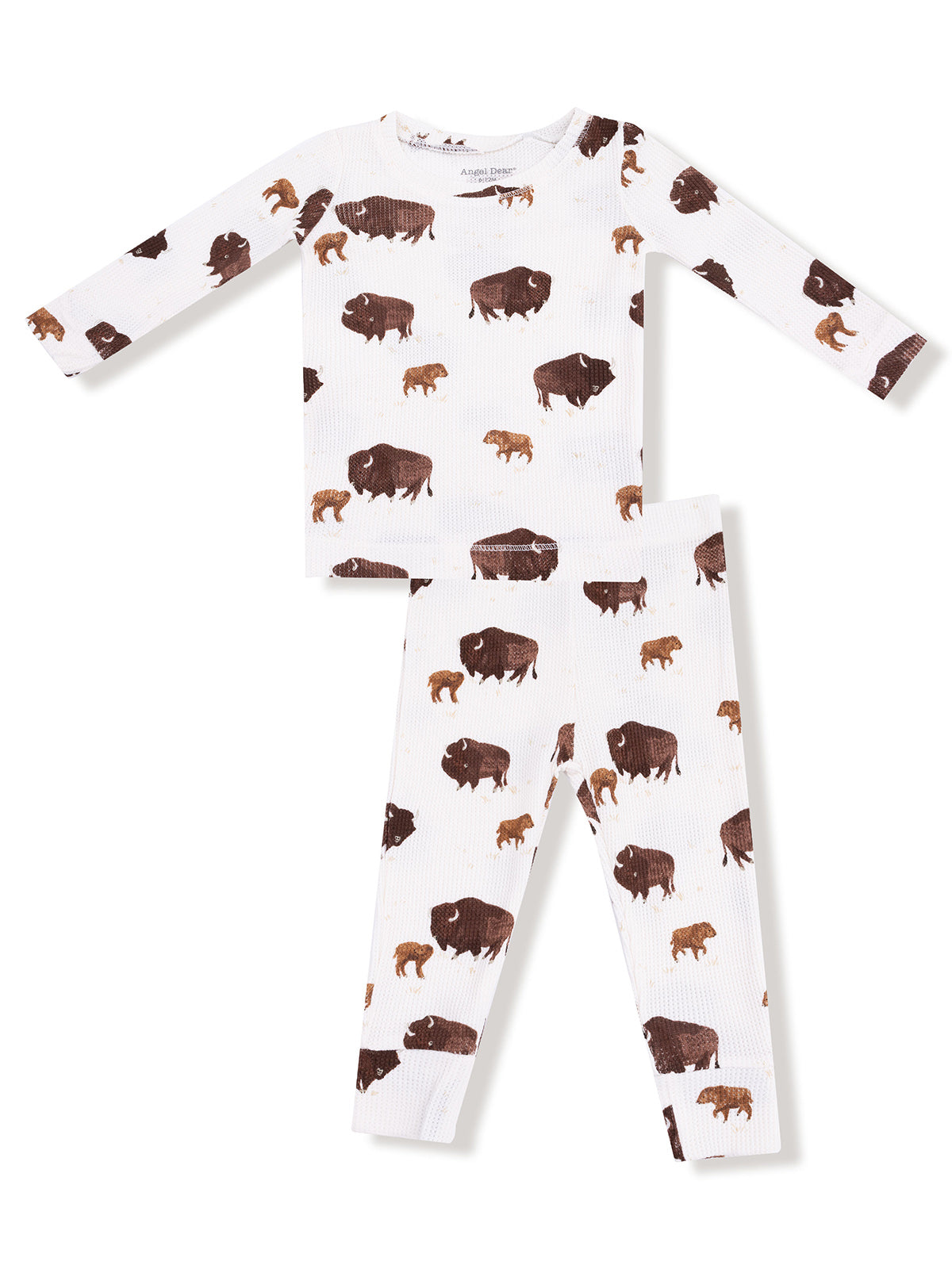 Boys' pajama set featuring a white background with brown bison and calves in a playful pattern.