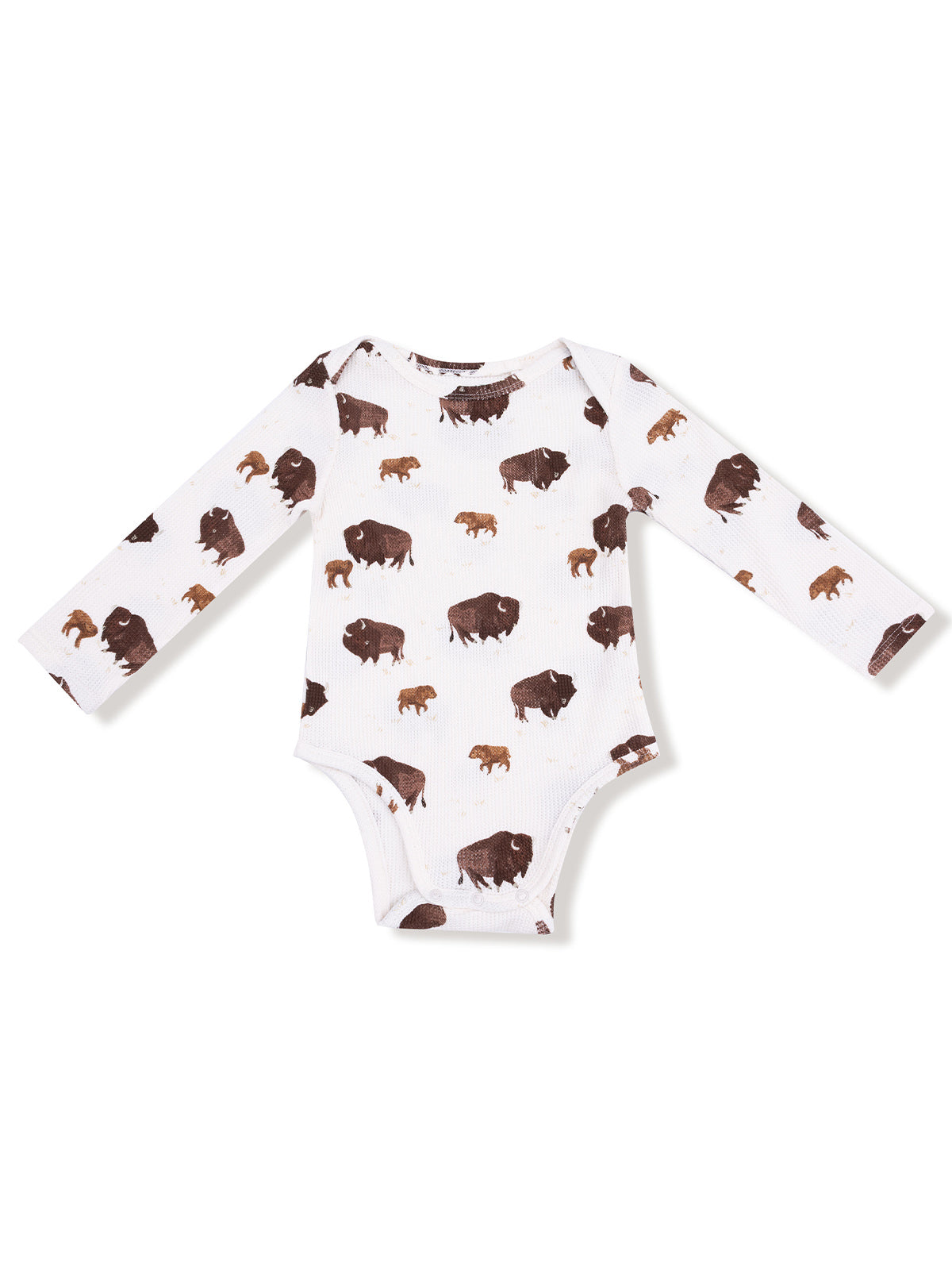 Long-sleeve baby bodysuit with a playful brown buffalo pattern on a white background.