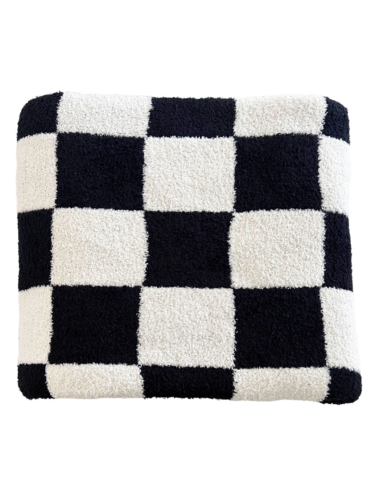 Black and white checkered blanket made of soft, textured fabric, ideal for cozying up or home decor.