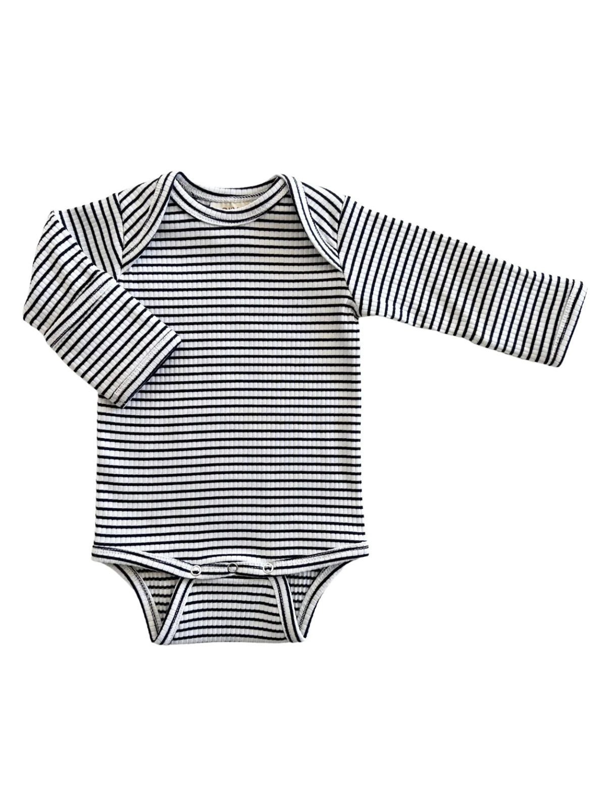 Black and white striped long-sleeve baby onesie with snap closures at the bottom.