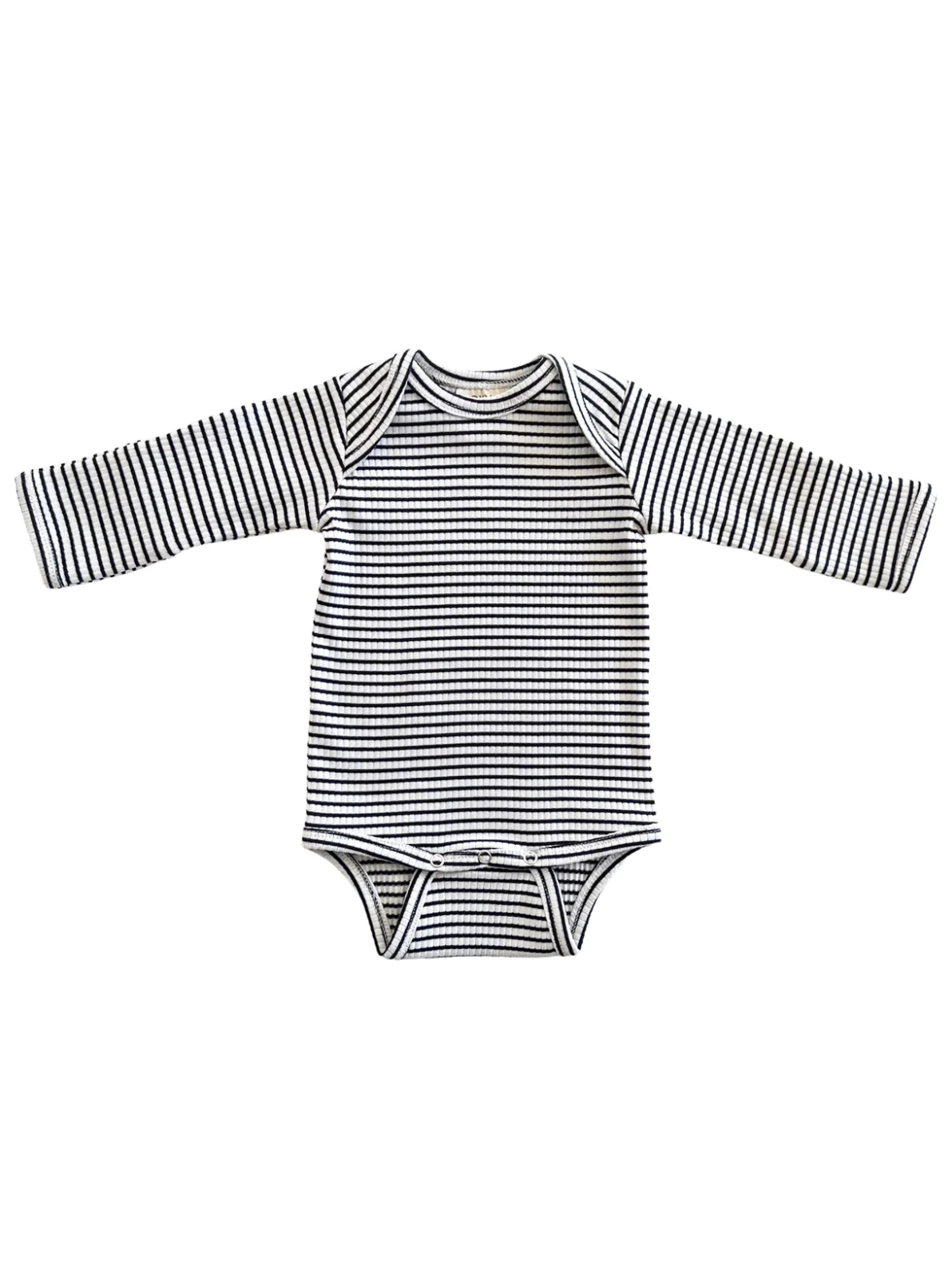 Black and white striped long-sleeve baby bodysuit on a white background.