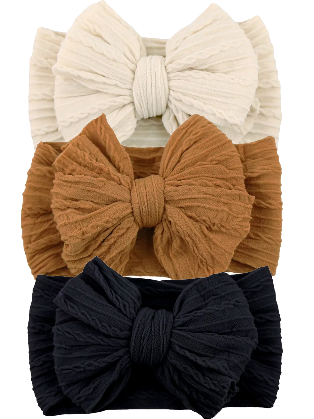 Three textured fabric headbands in cream, brown, and black, featuring large bows for fashionable styling.