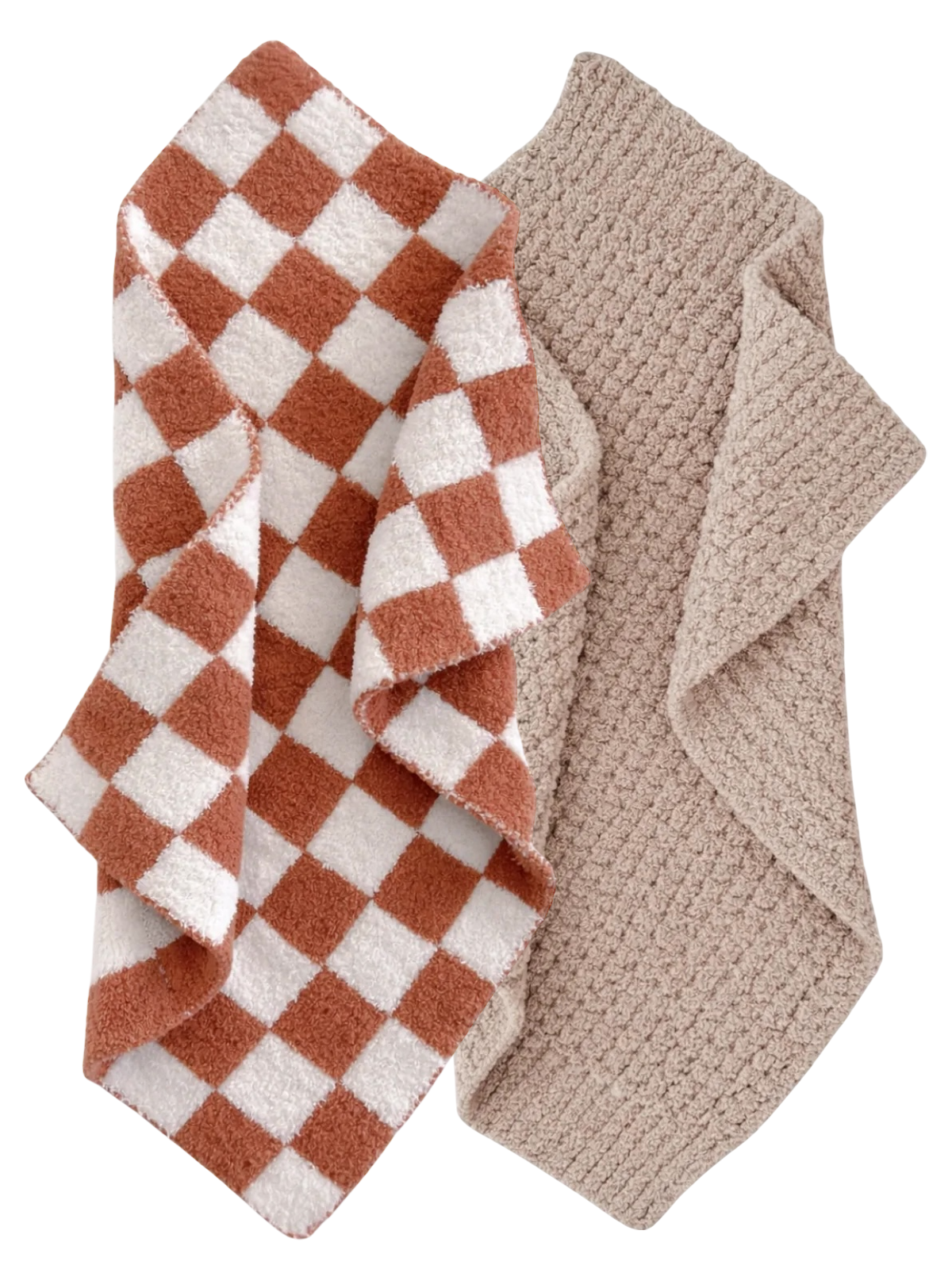 Two textured throws: one with a rust and white checkered pattern, and the other in a solid beige knit.