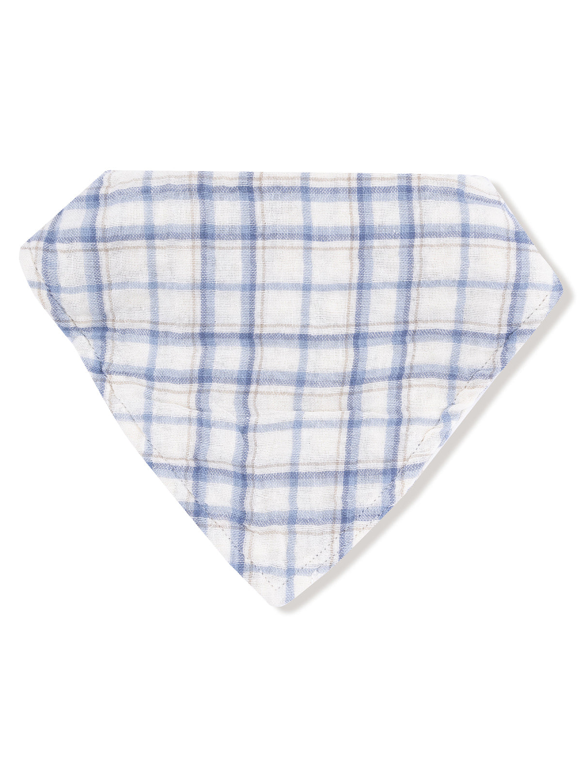 Blue and white plaid bandana folded in a triangular shape on a white background.