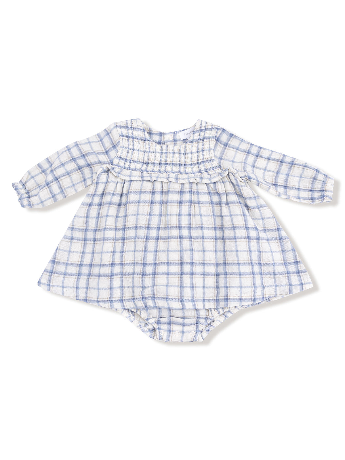 Light blue and white plaid baby dress with long sleeves and ruffled trim, featuring a smocked bodice.