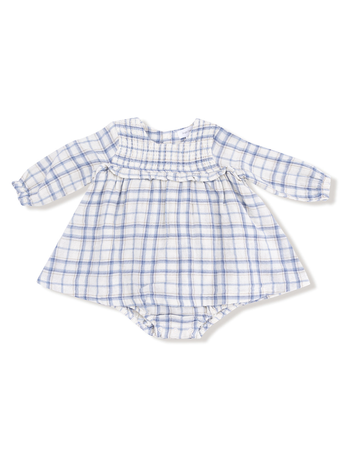 Light blue and white plaid baby dress with long sleeves and ruffled trim, featuring a smocked bodice.