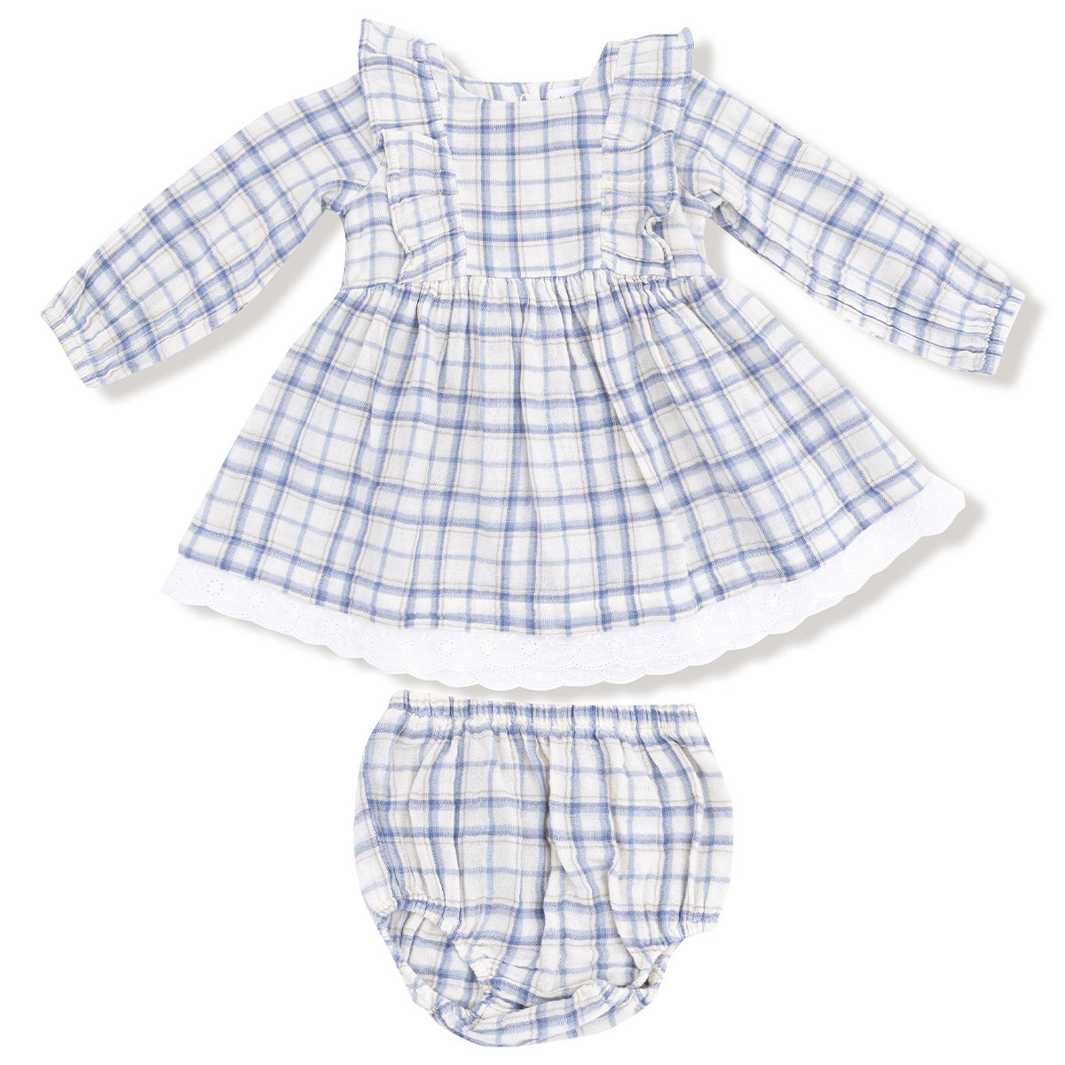 Long Sleeve Eyelet Hem Dress & Bloomer, Blue Plaid
