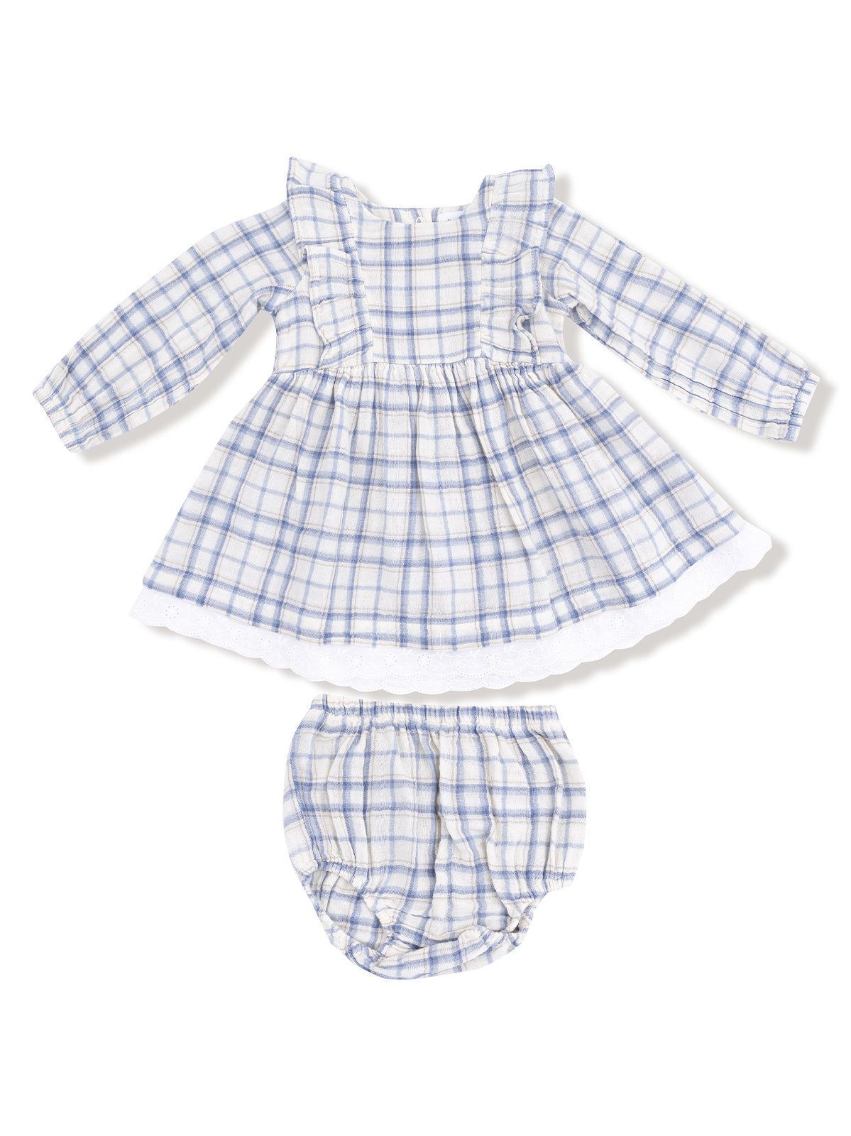 Blue and white checkered dress with ruffles and matching bloomers. Ideal for children's wear.